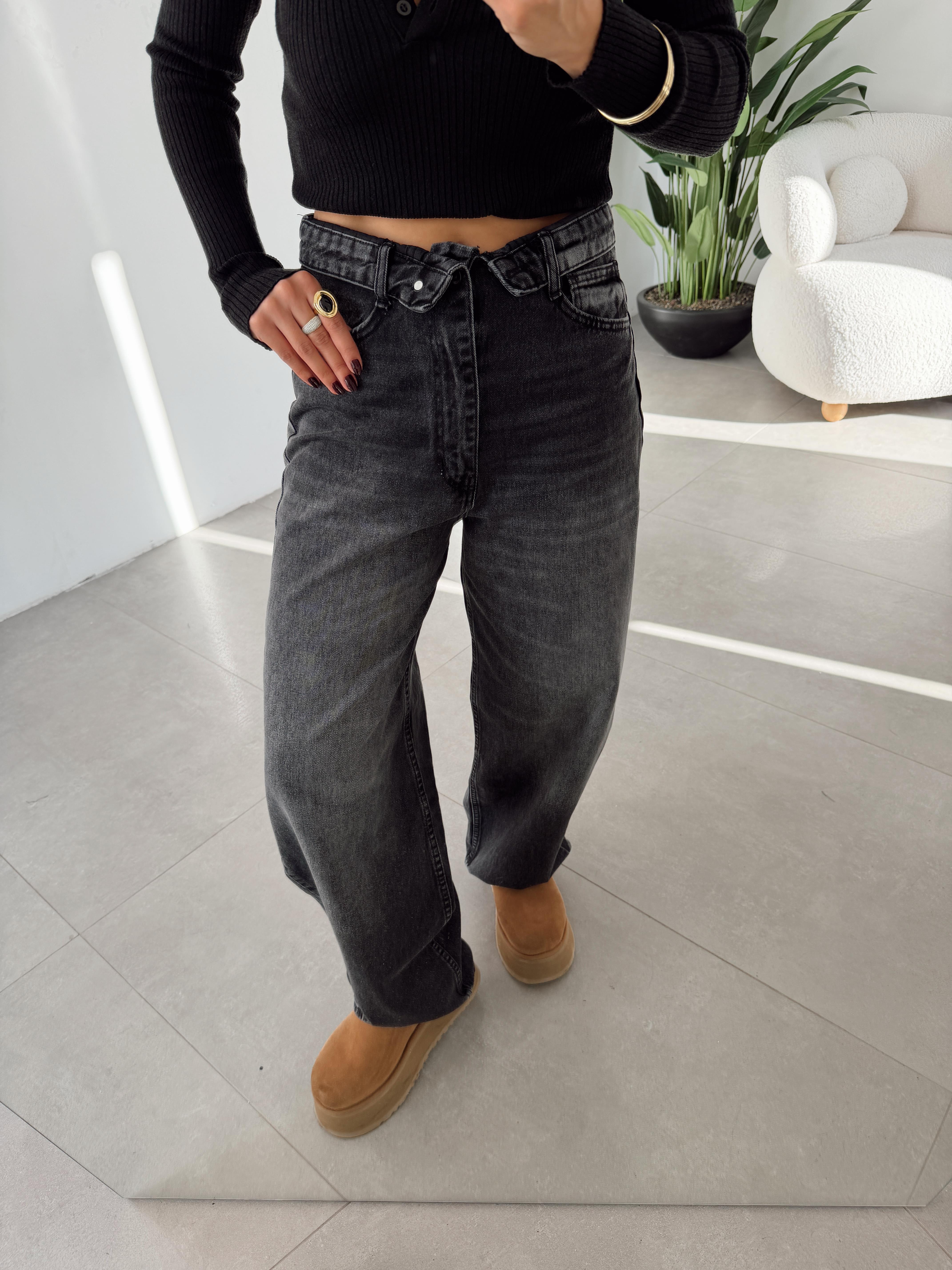 Antrasit Bel Detaylı Wideleg Jean