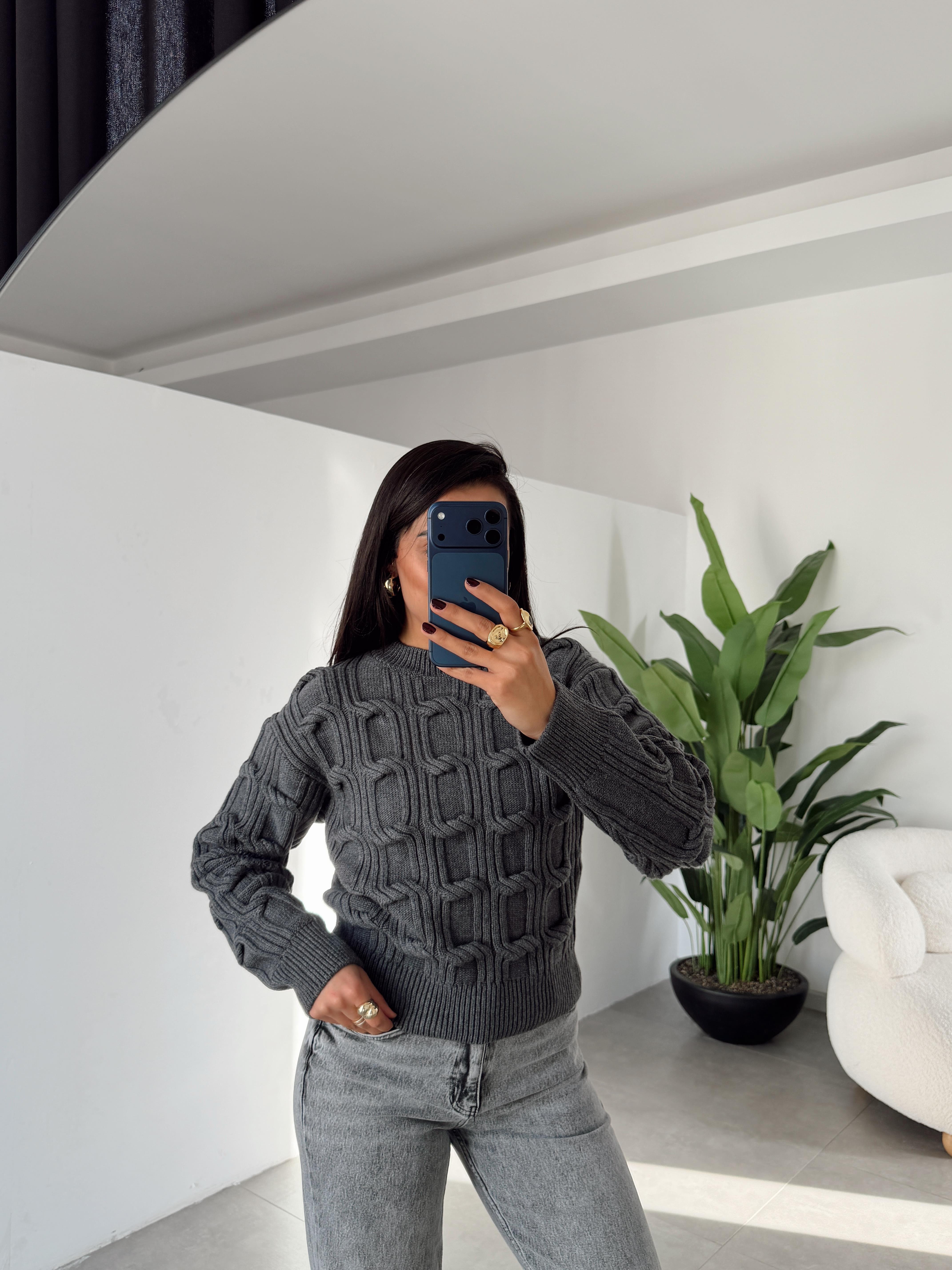 Antrasit Bisiklet Yaka Örgü Detaylı Triko