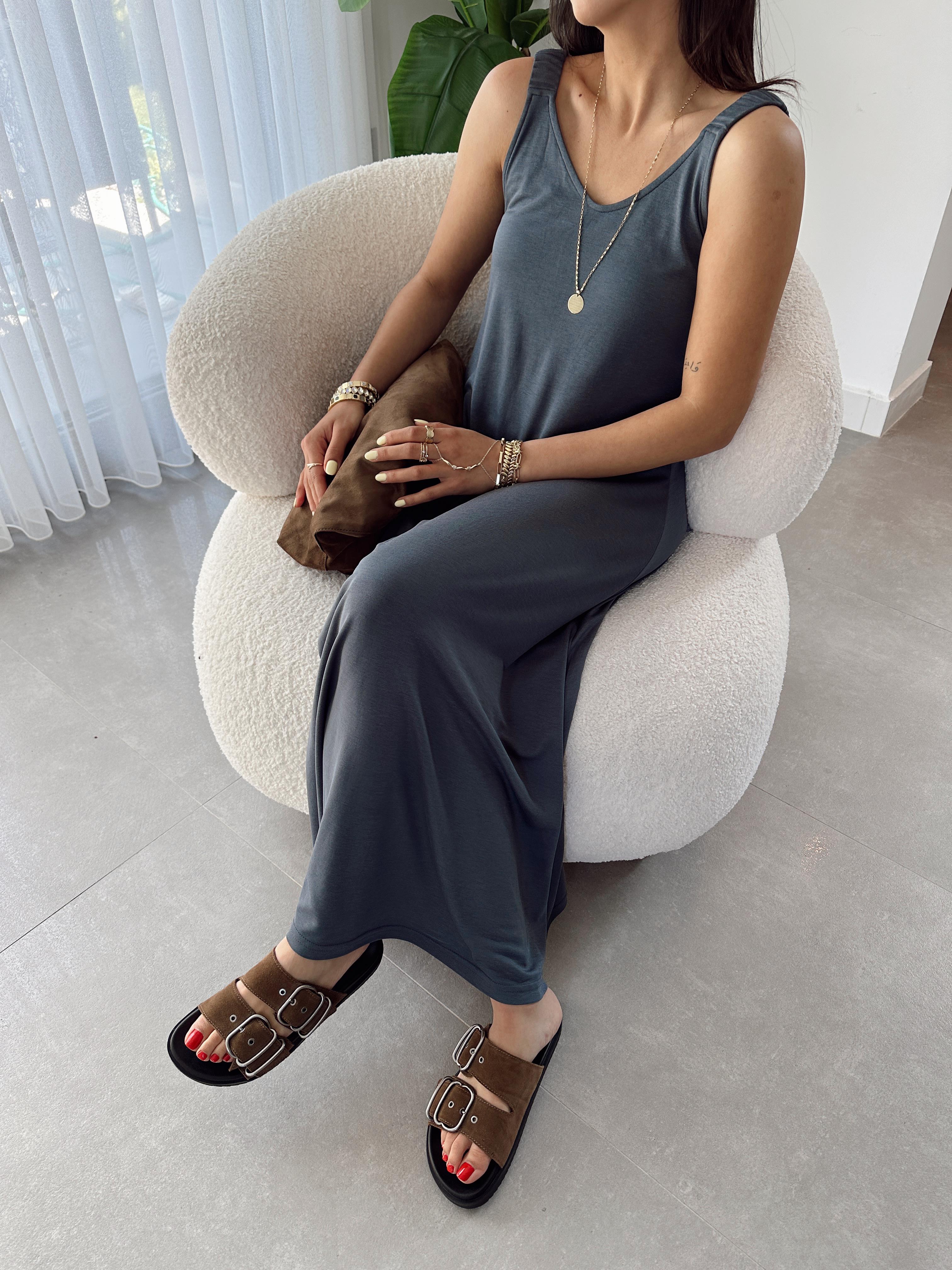 Antrasit Büzgü Askılı Modal Kumaş Elbise