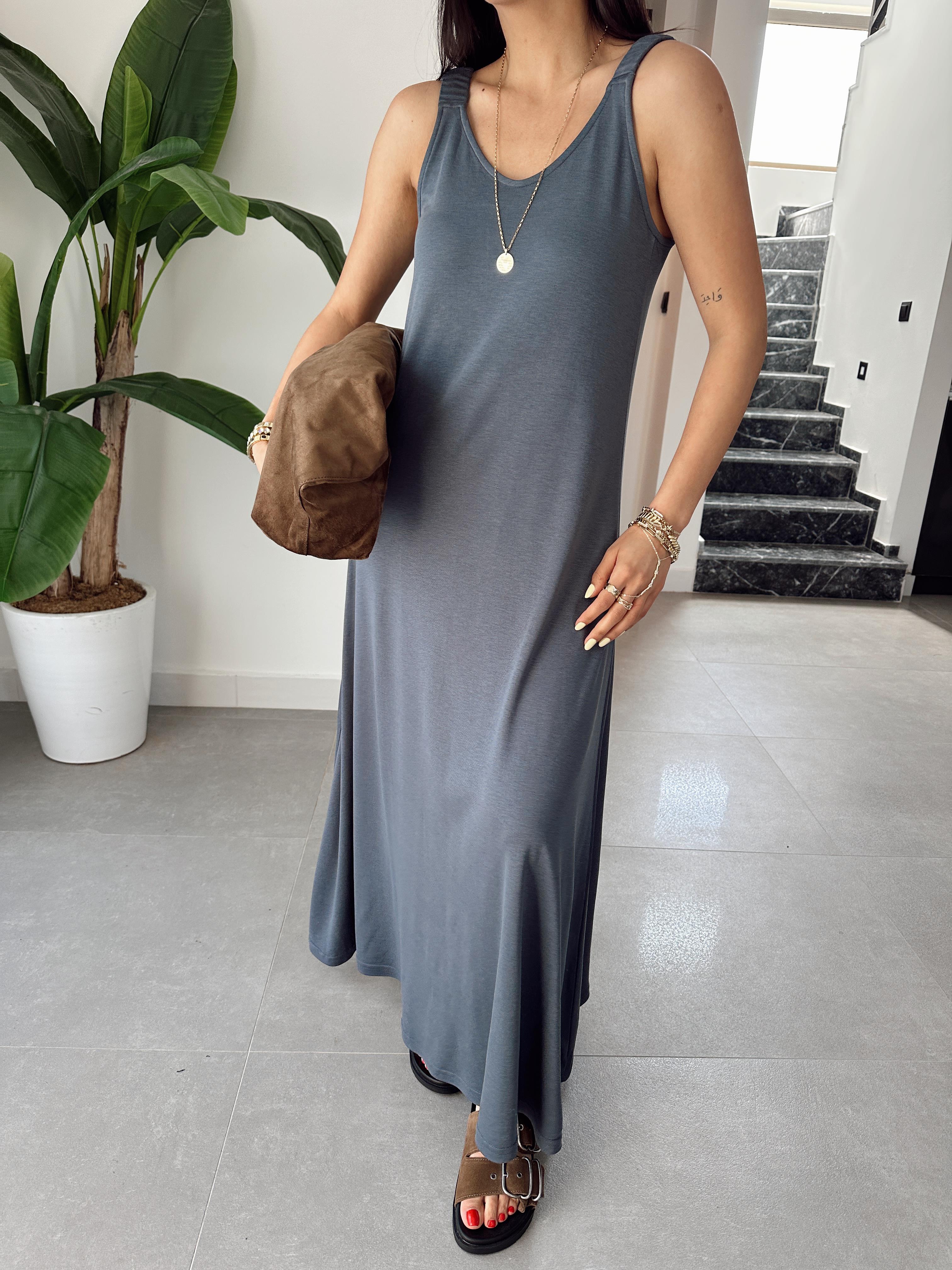 Antrasit Büzgü Askılı Modal Kumaş Elbise