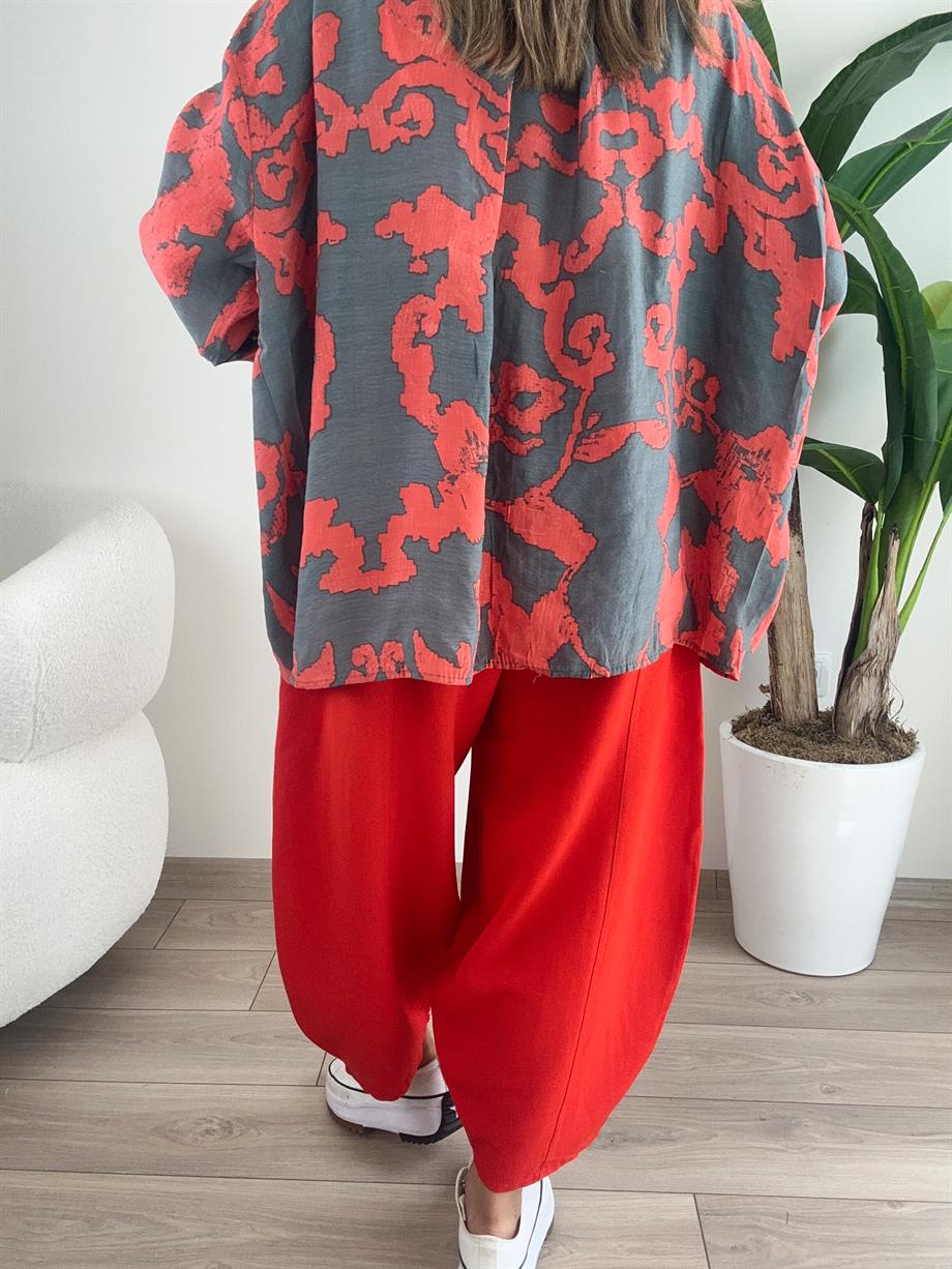 Antrasit Desenli Düşük Omuzlu Gömlek