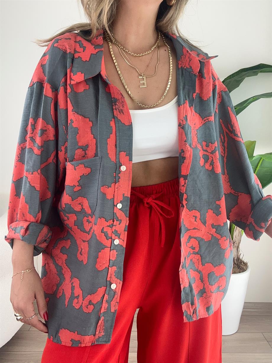 Antrasit Desenli Düşük Omuzlu Gömlek