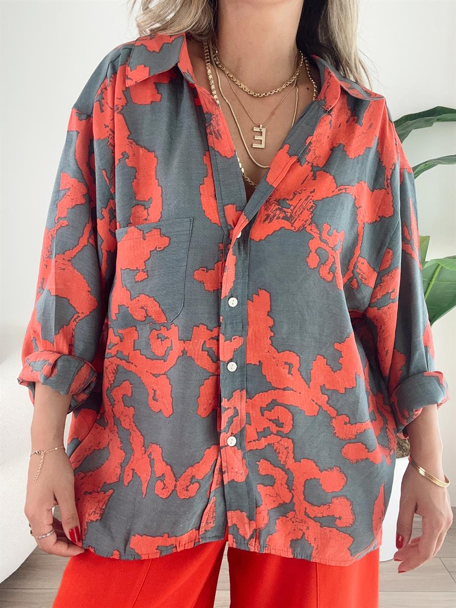 Antrasit Desenli Düşük Omuzlu Gömlek