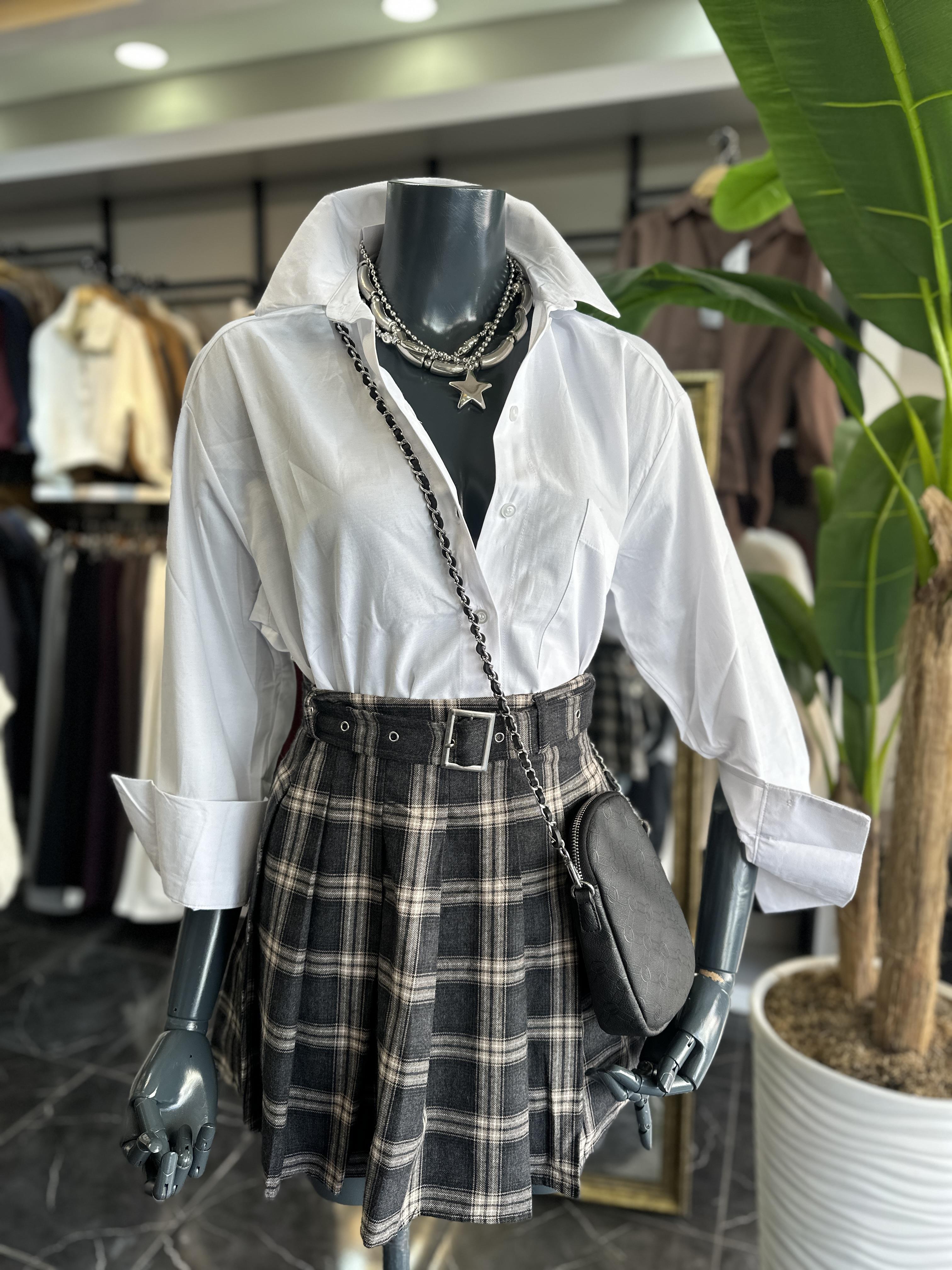 Antrasit Ekose Desenli Pileli Kısa Etek