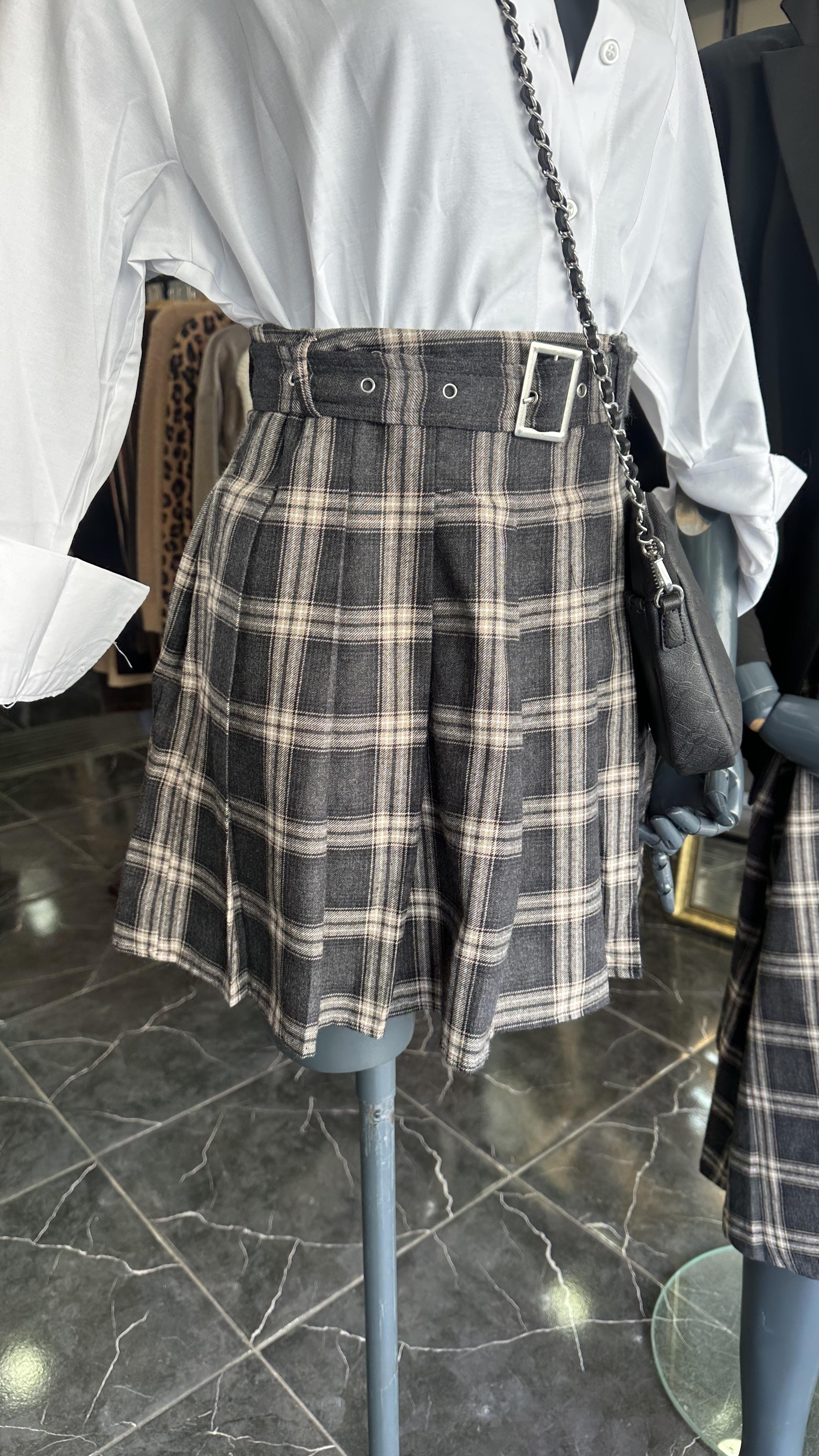 Antrasit Ekose Desenli Pileli Kısa Etek