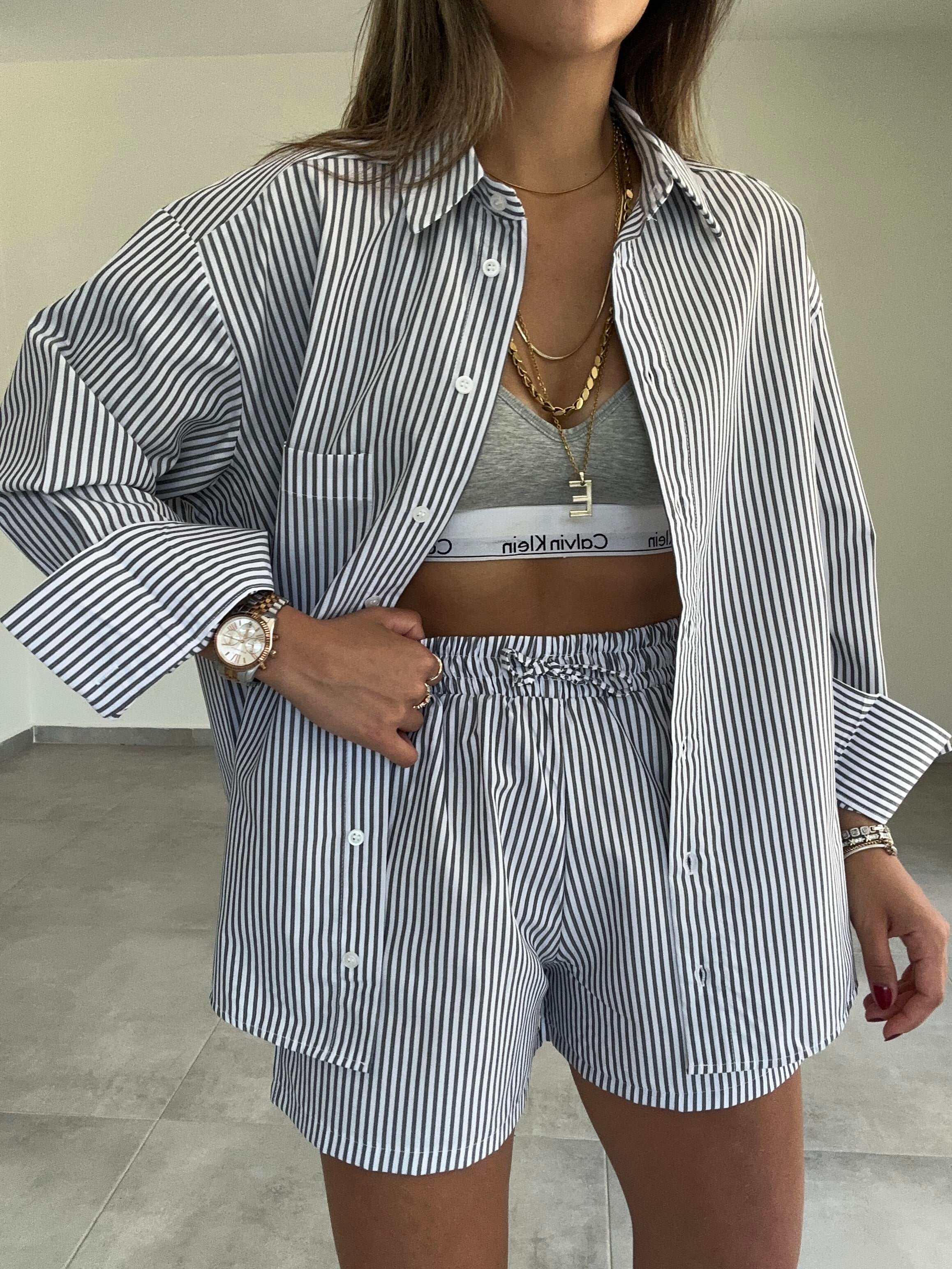 Antrasit-Ekru Poplin Çizgili Şortlu Gömlek Takım