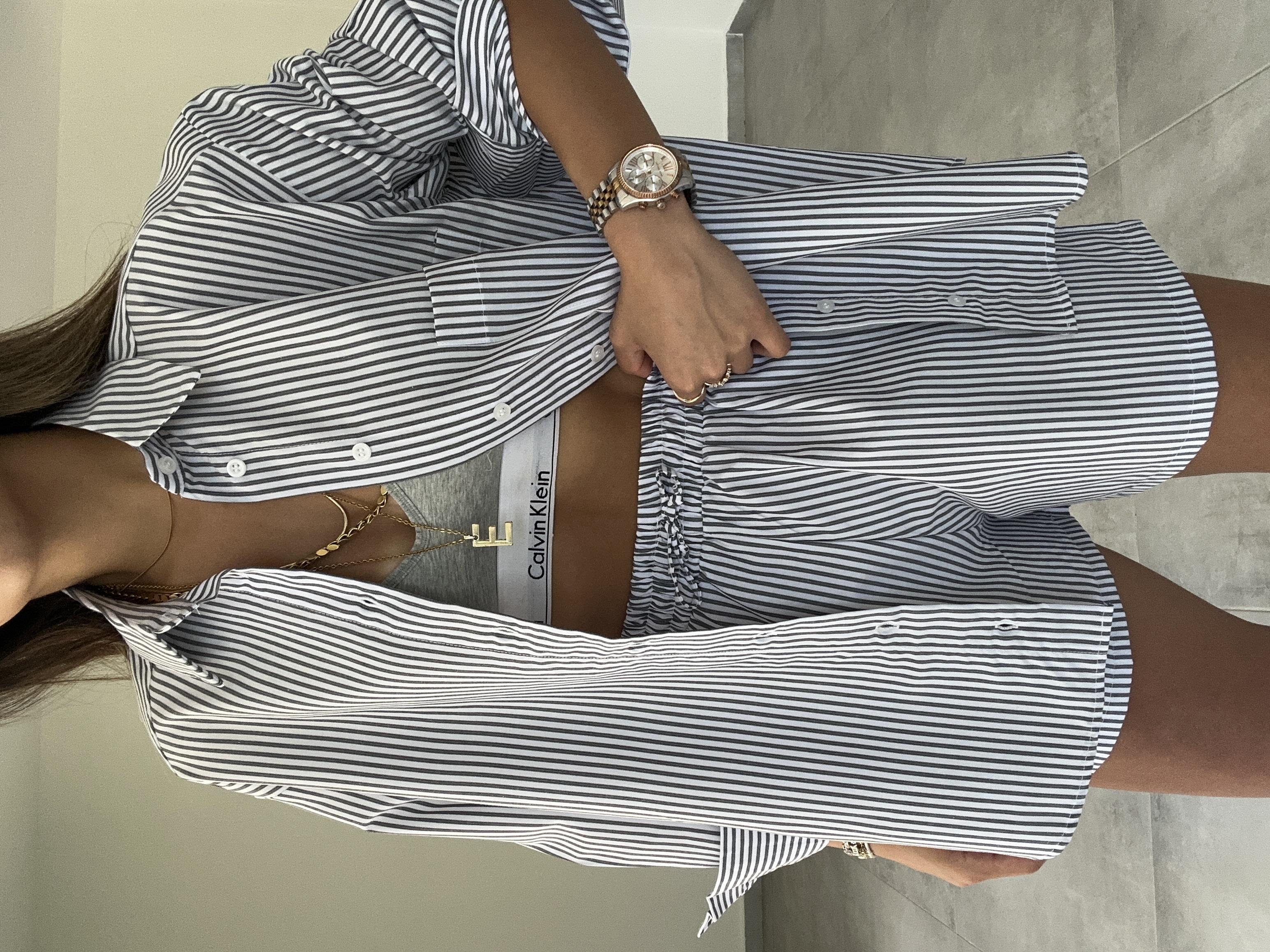 Antrasit-Ekru Poplin Çizgili Şortlu Gömlek Takım