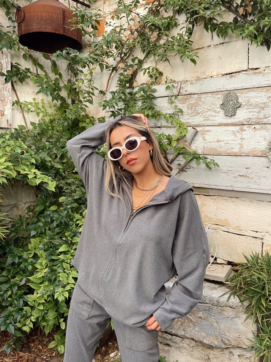 Antrasit Fermuar Detaylı Polar Sweatshirt