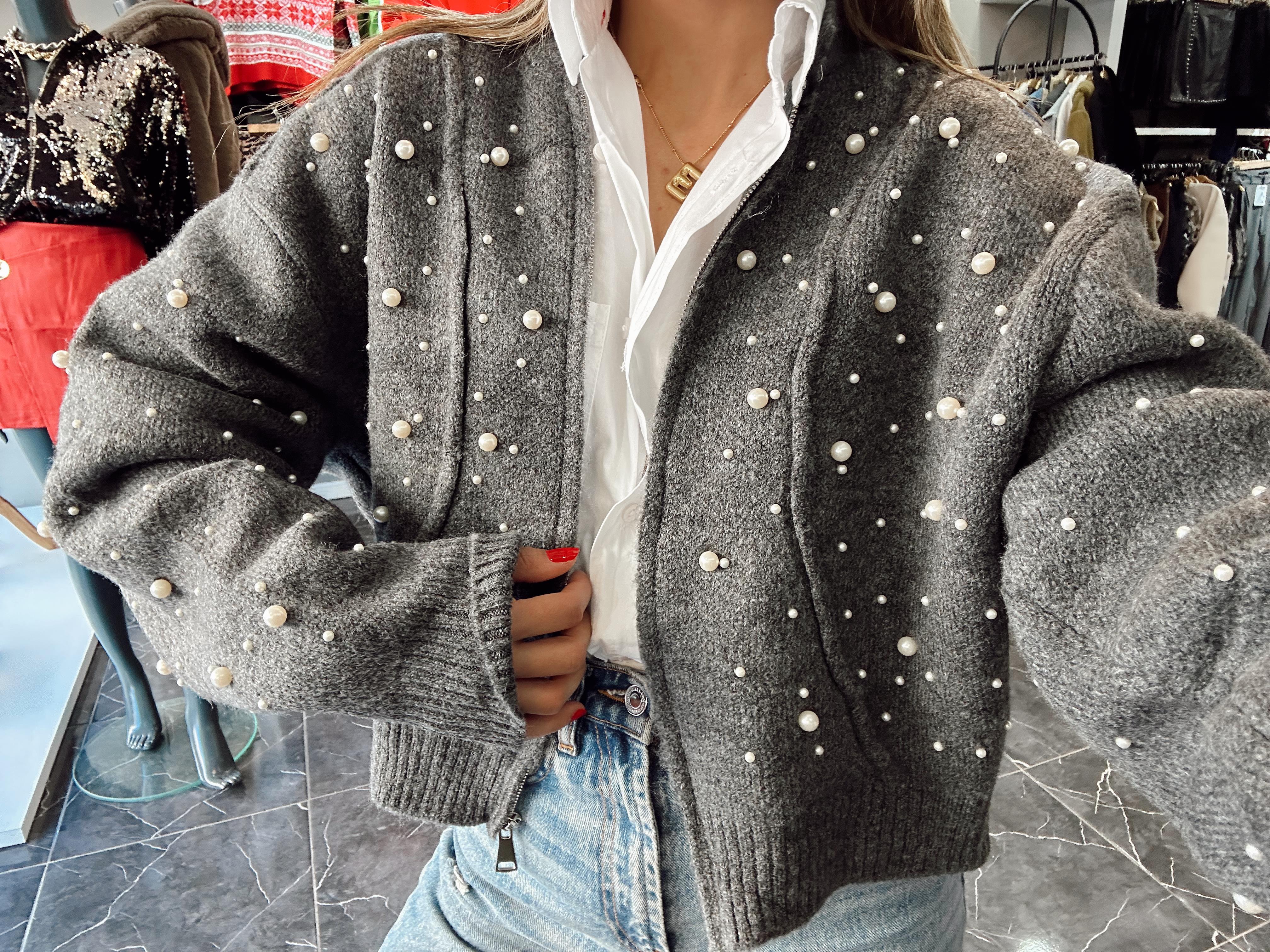 Antrasit İncili Triko Hırka