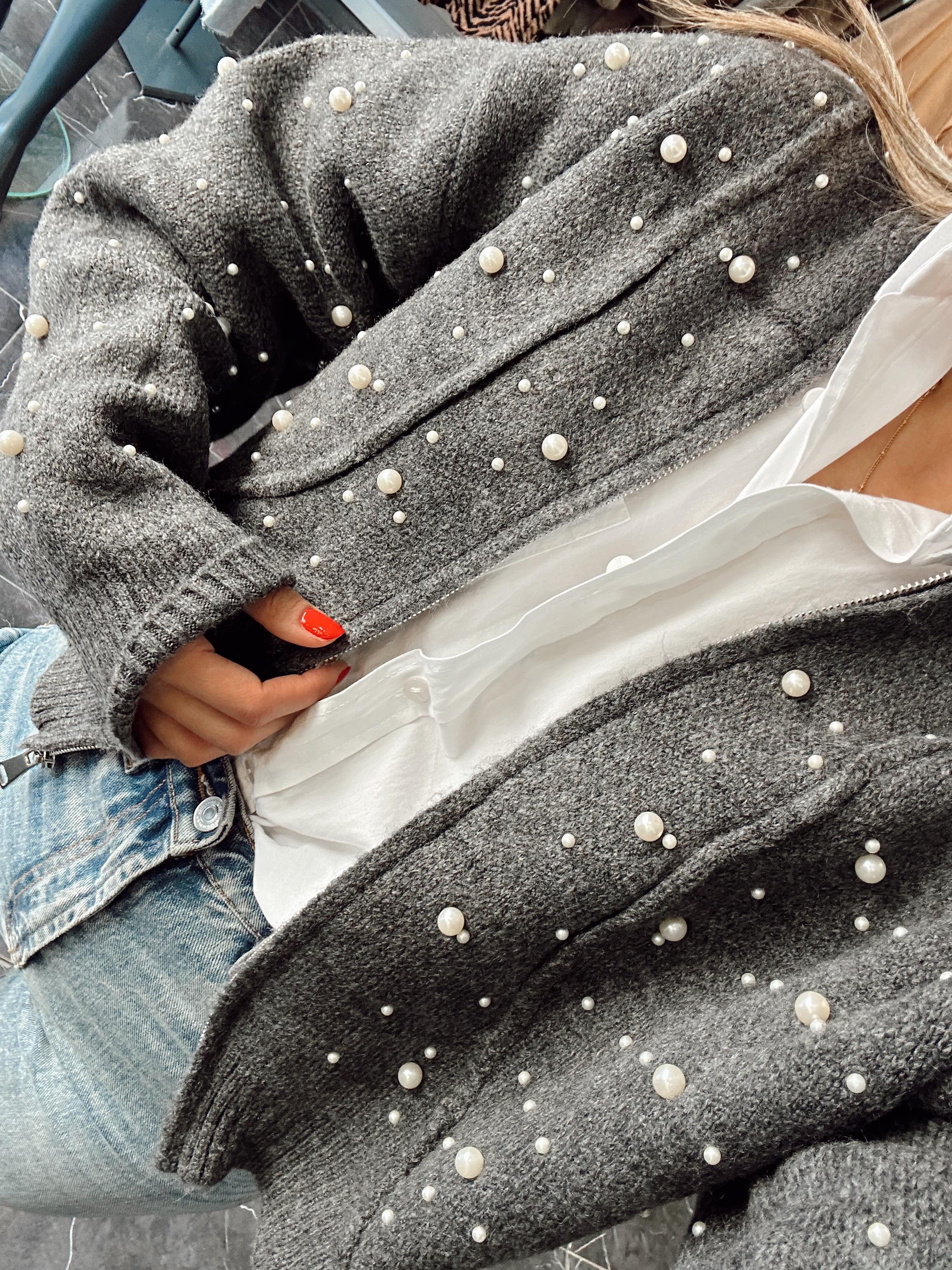 Antrasit İncili Triko Hırka