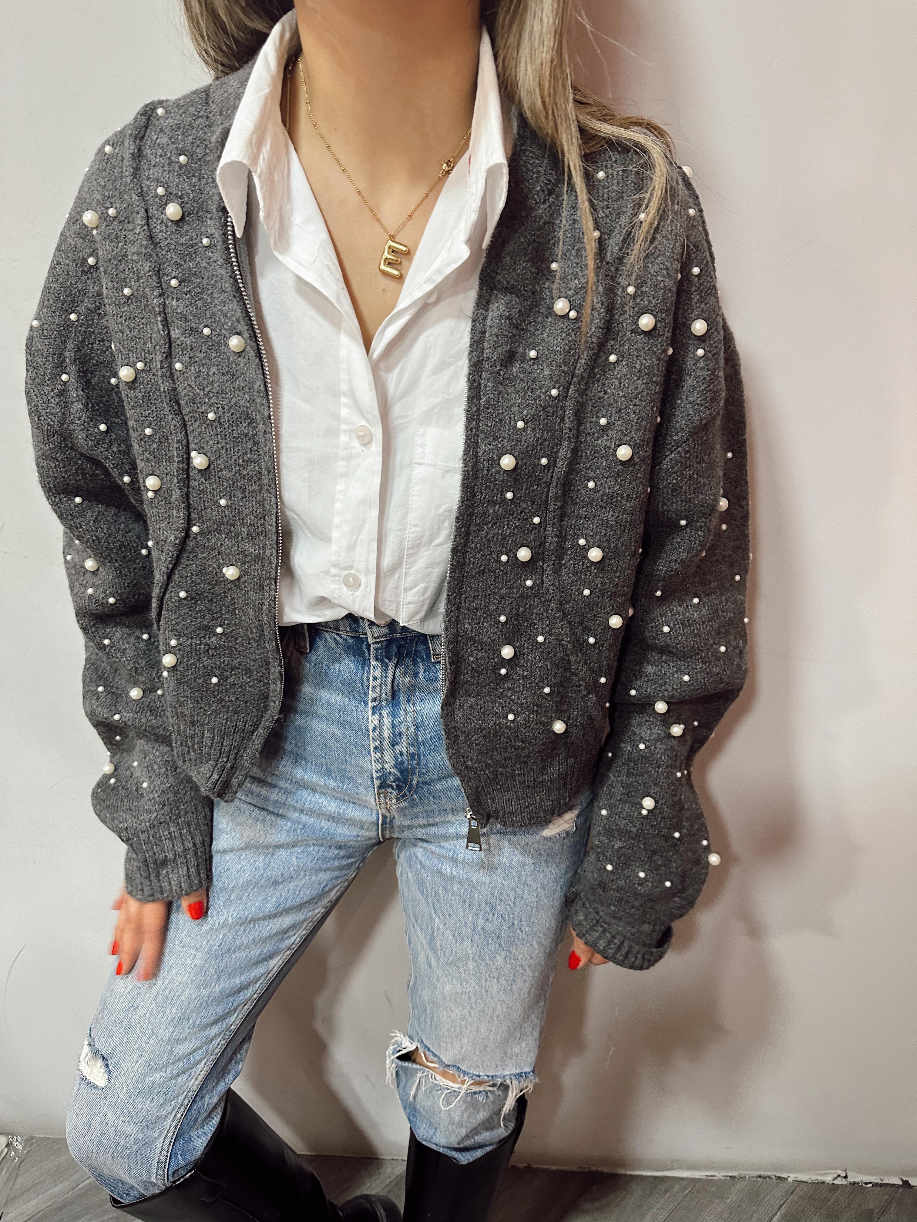 Antrasit İncili Triko Hırka