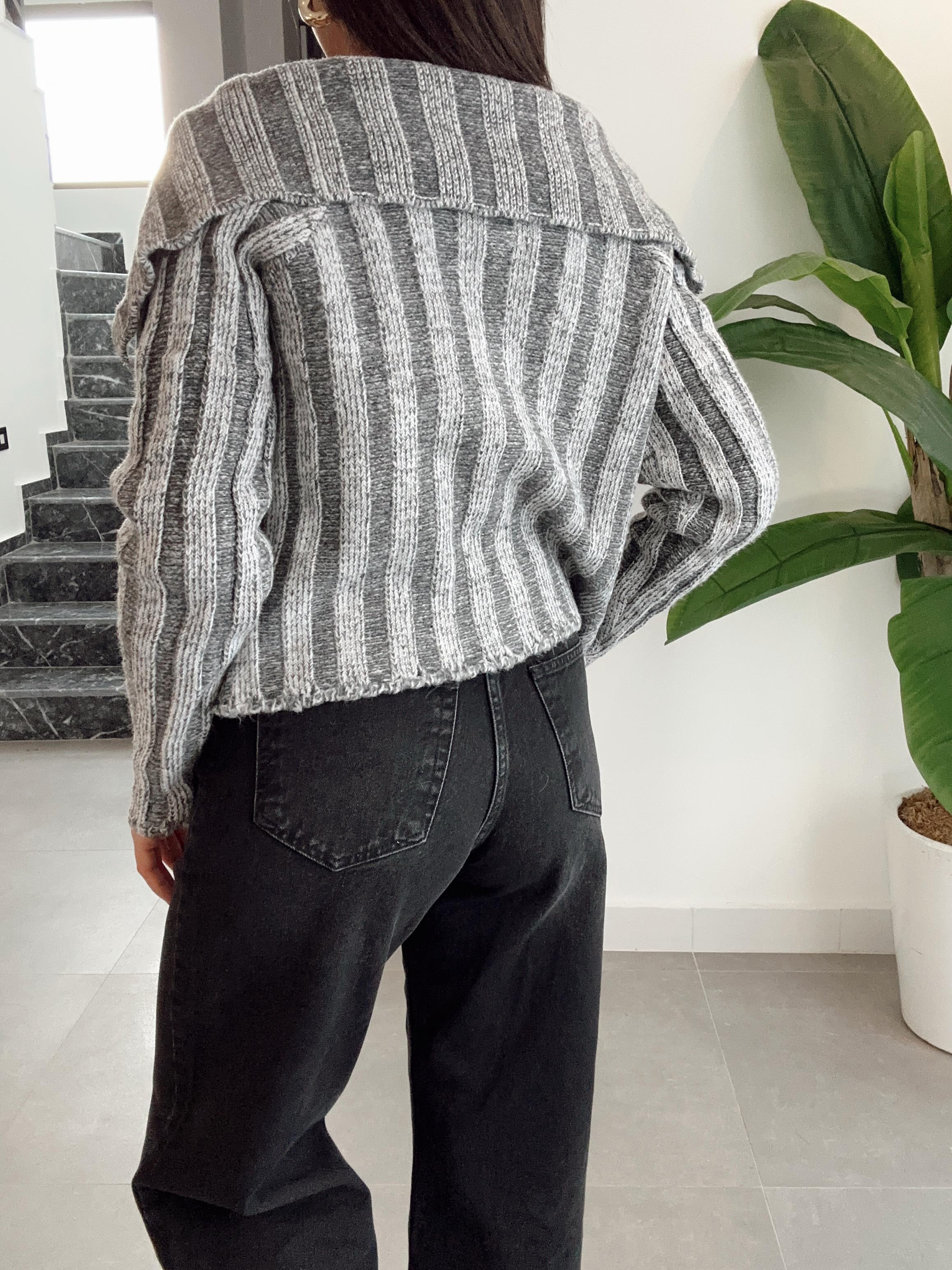 Antrasit-Krem Kalın Fitilli Fermuarlı Hırka