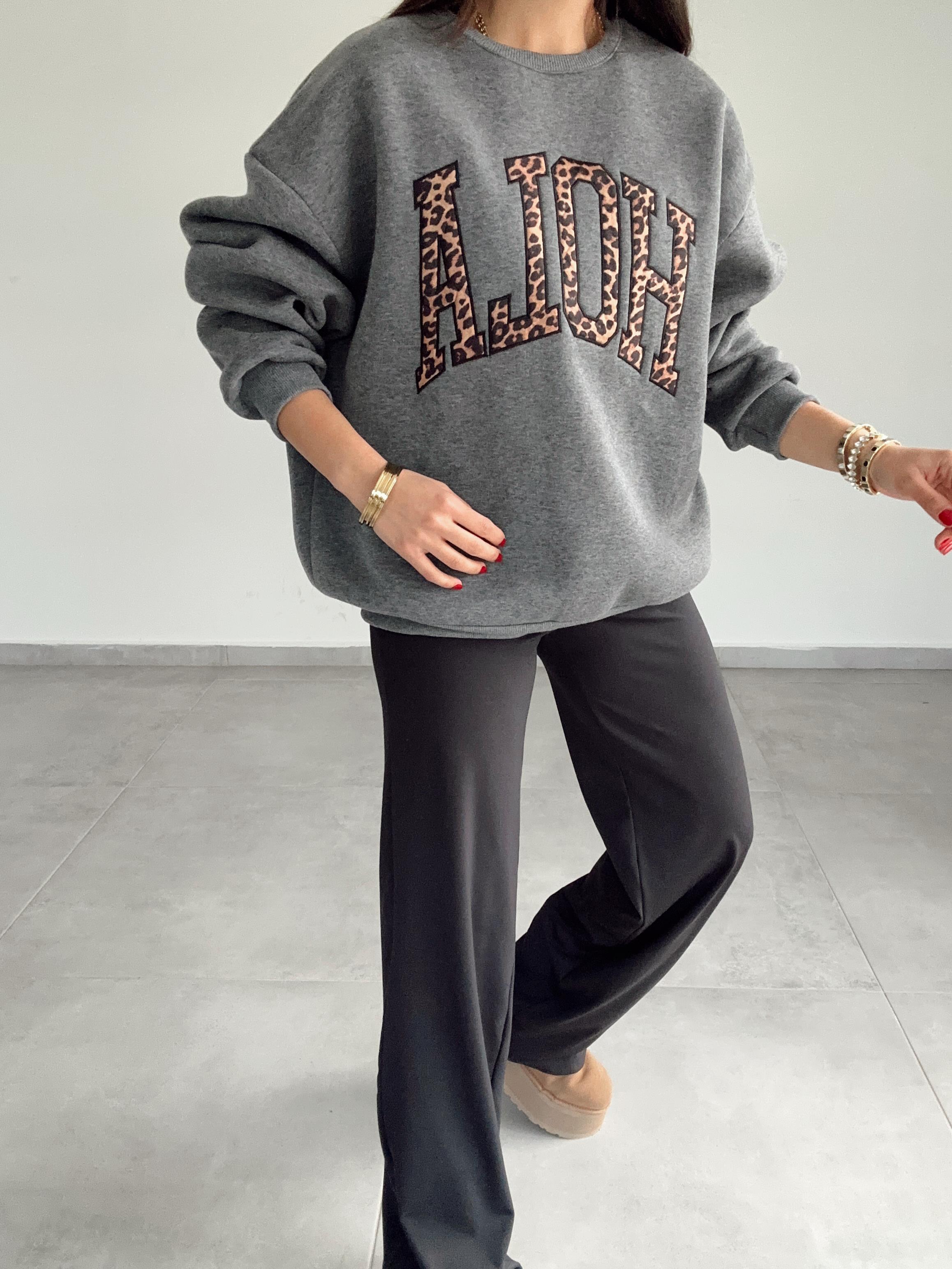 Antrasit Leopar Detaylı Sweat