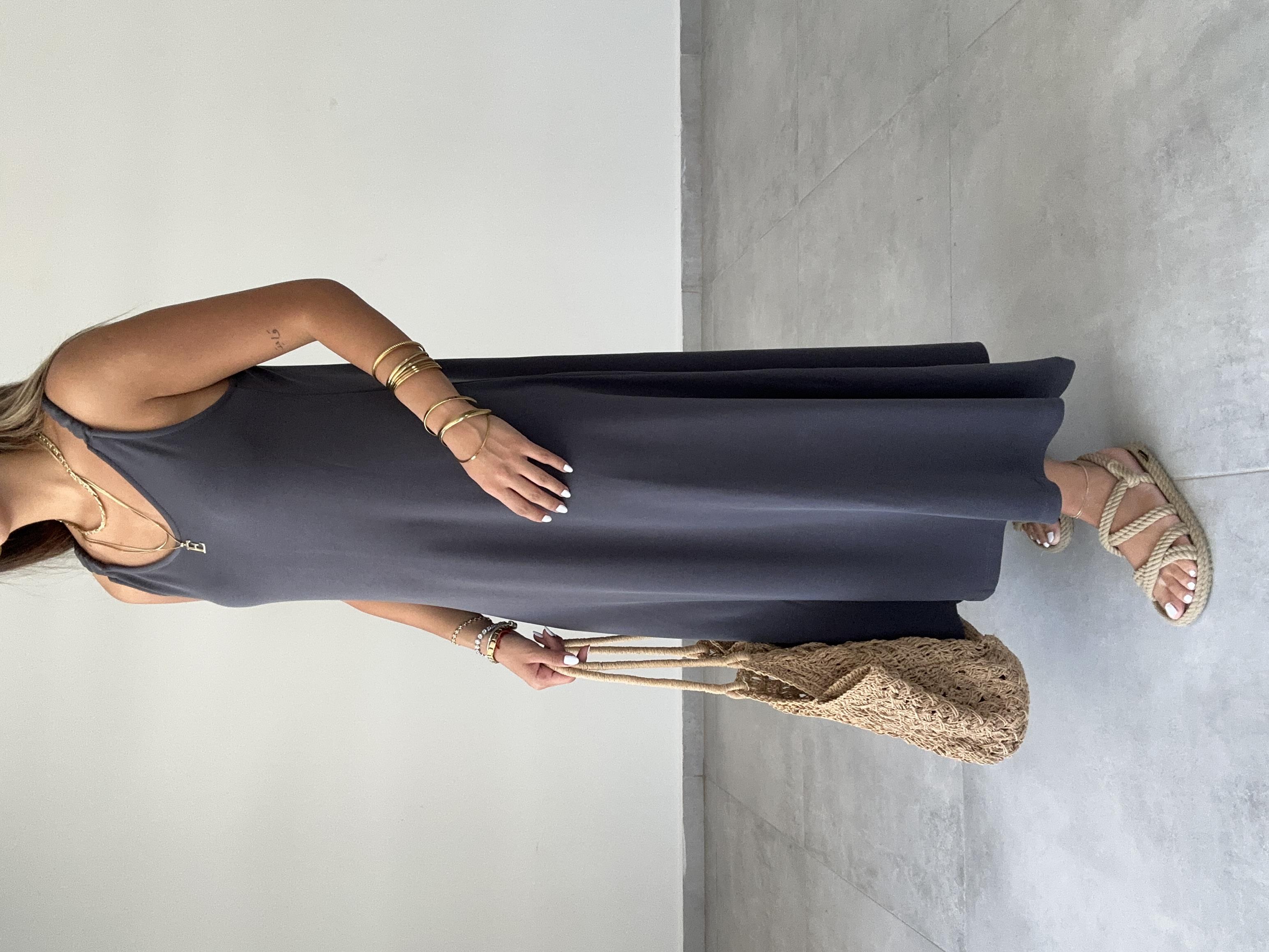 Antrasit Modal Büzgü Lastik Askılı Elbise