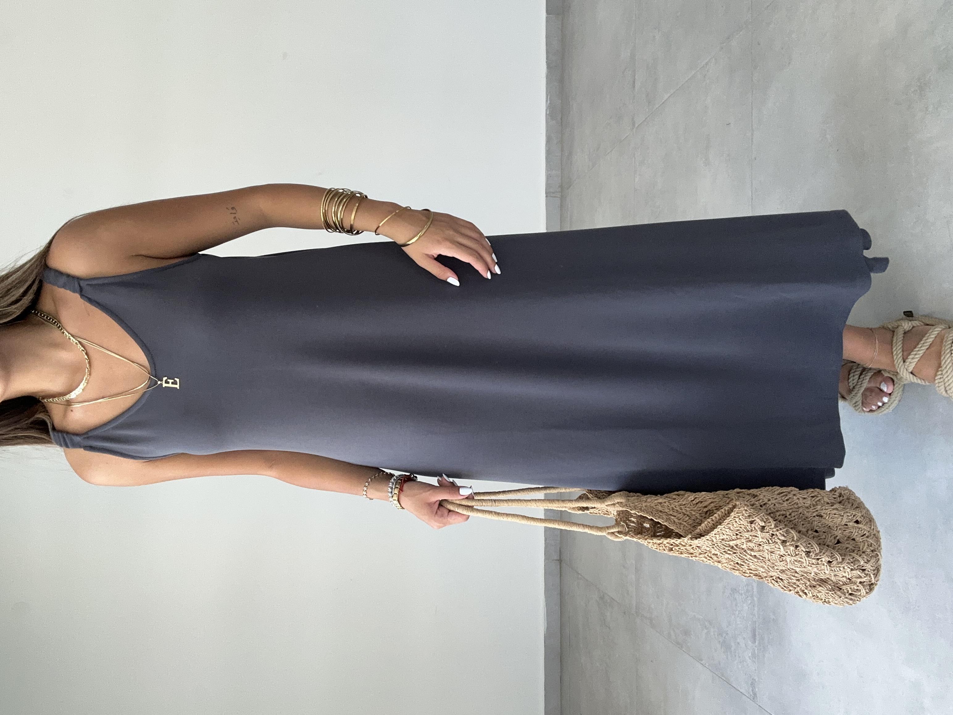 Antrasit Modal Büzgü Lastik Askılı Elbise