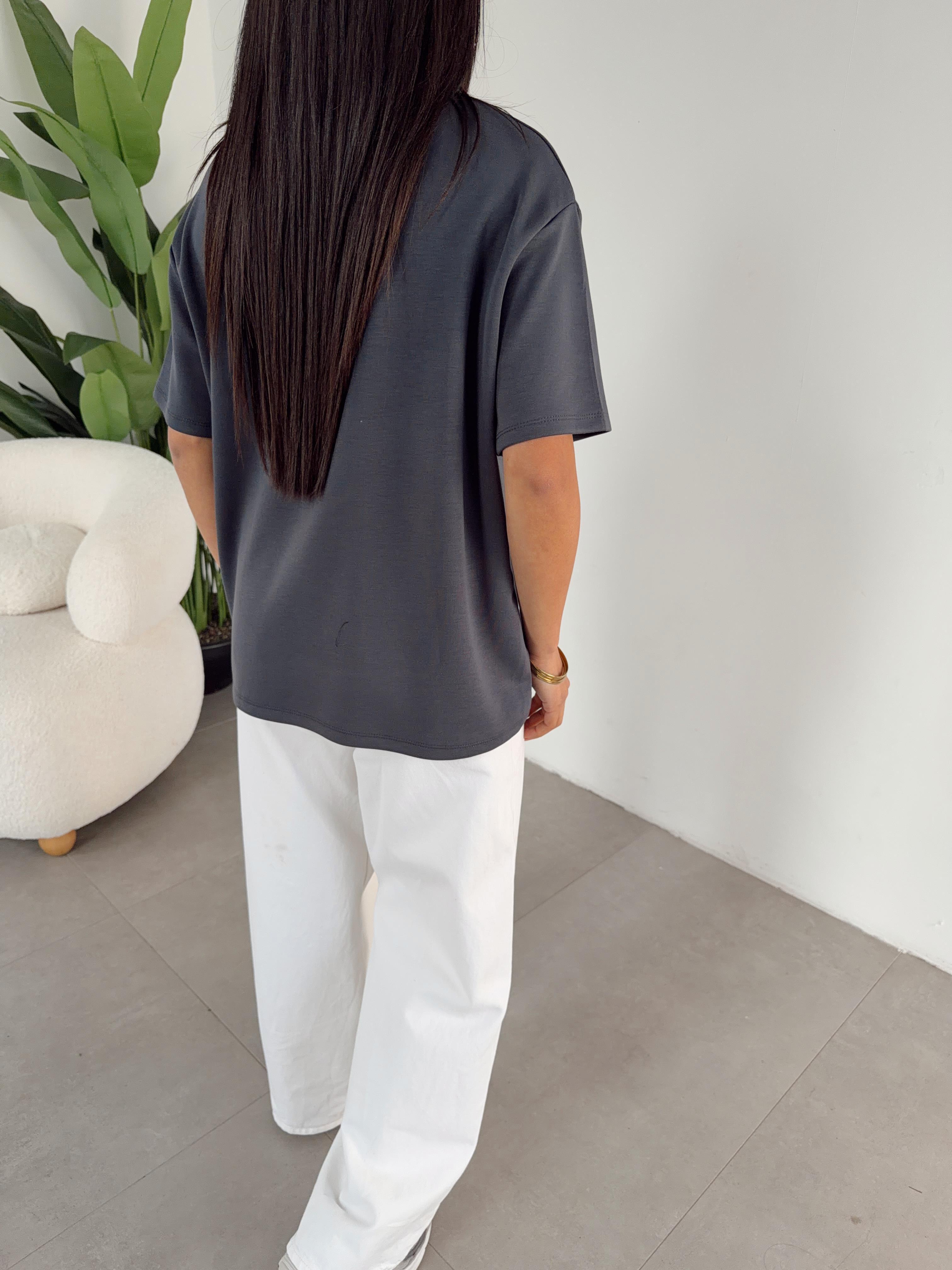 Antrasit Modal Kumaş Bisiklet Yaka Tshirt