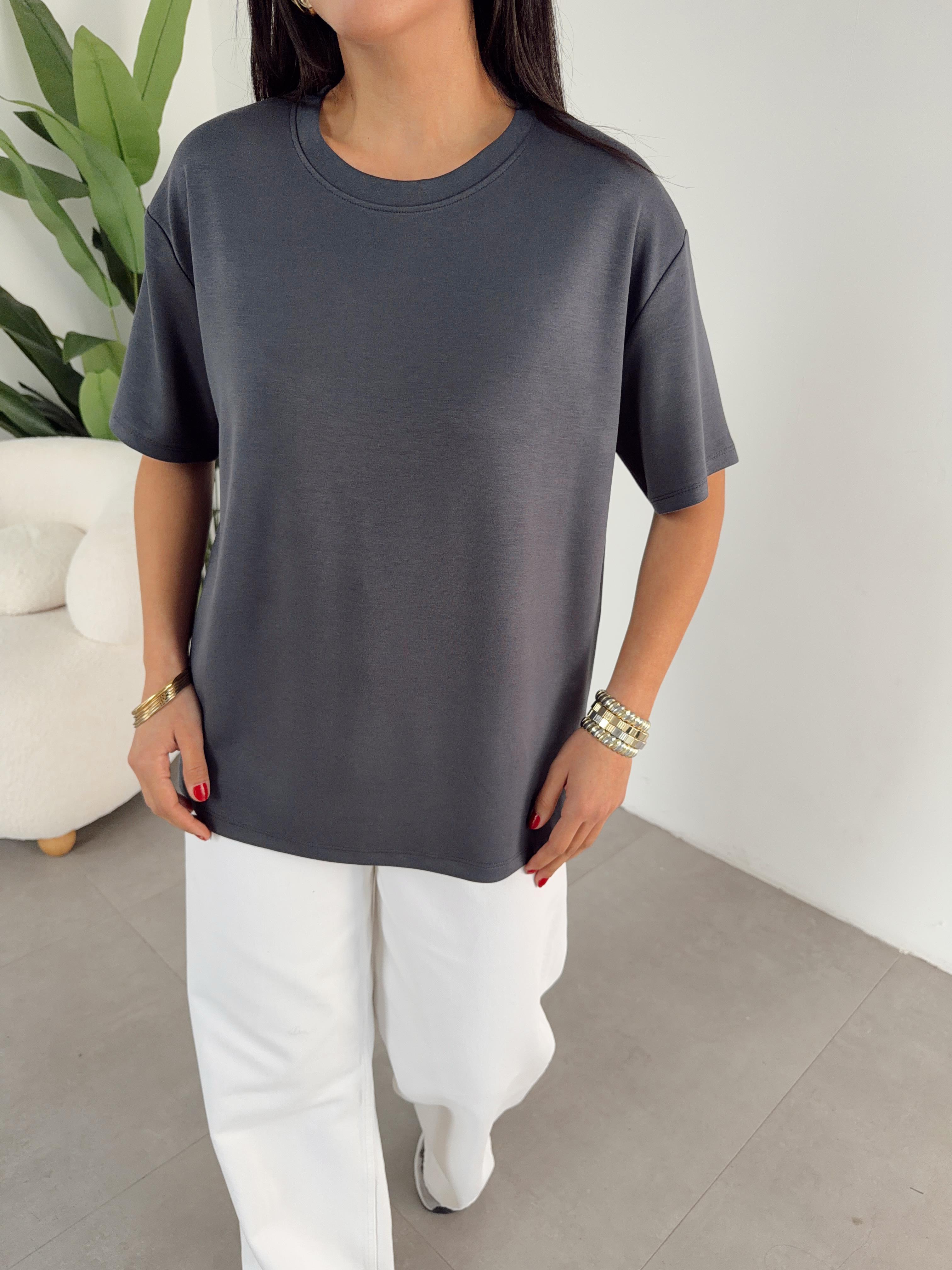 Antrasit Modal Kumaş Bisiklet Yaka Tshirt