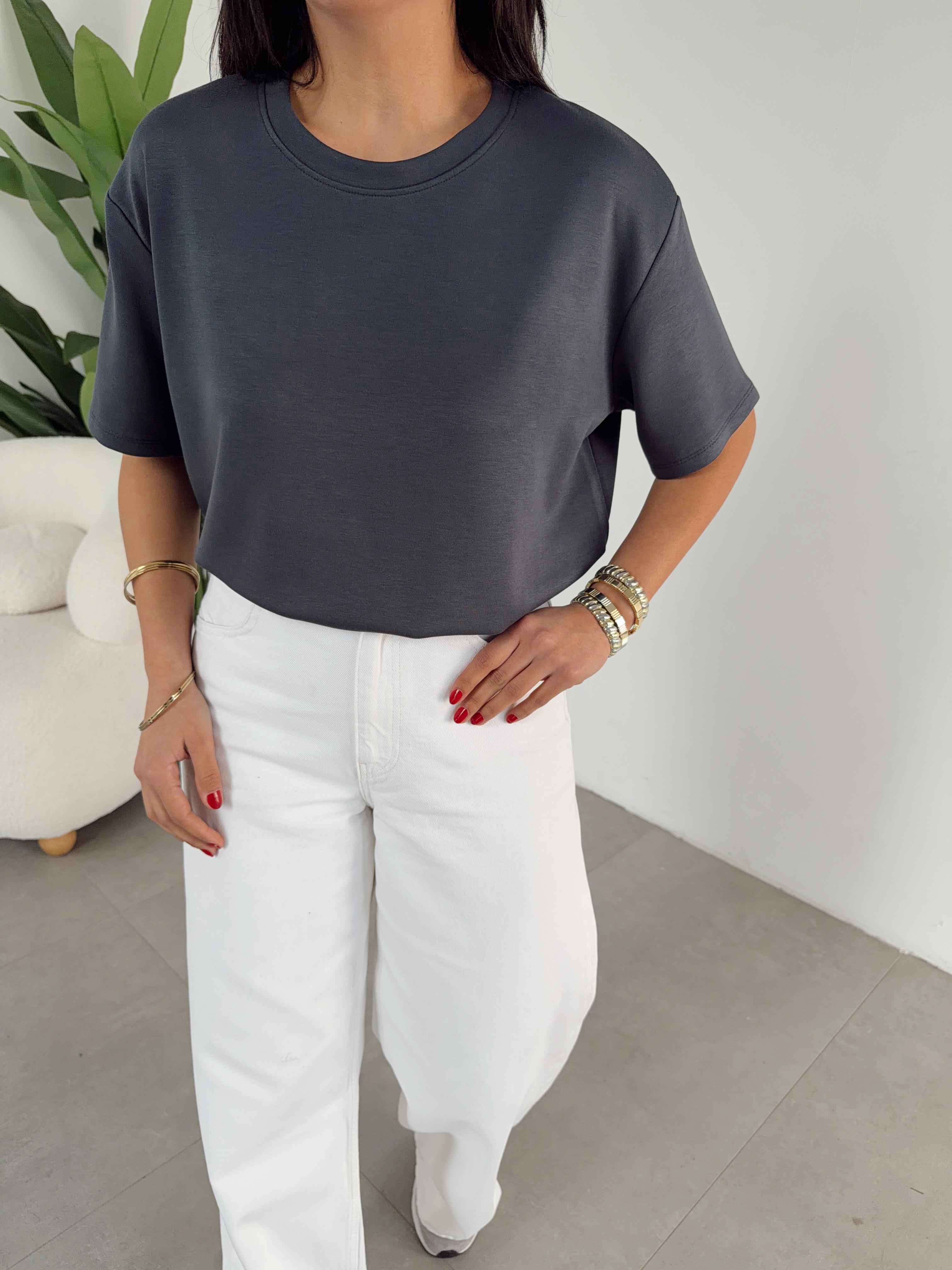 Antrasit Modal Kumaş Bisiklet Yaka Tshirt