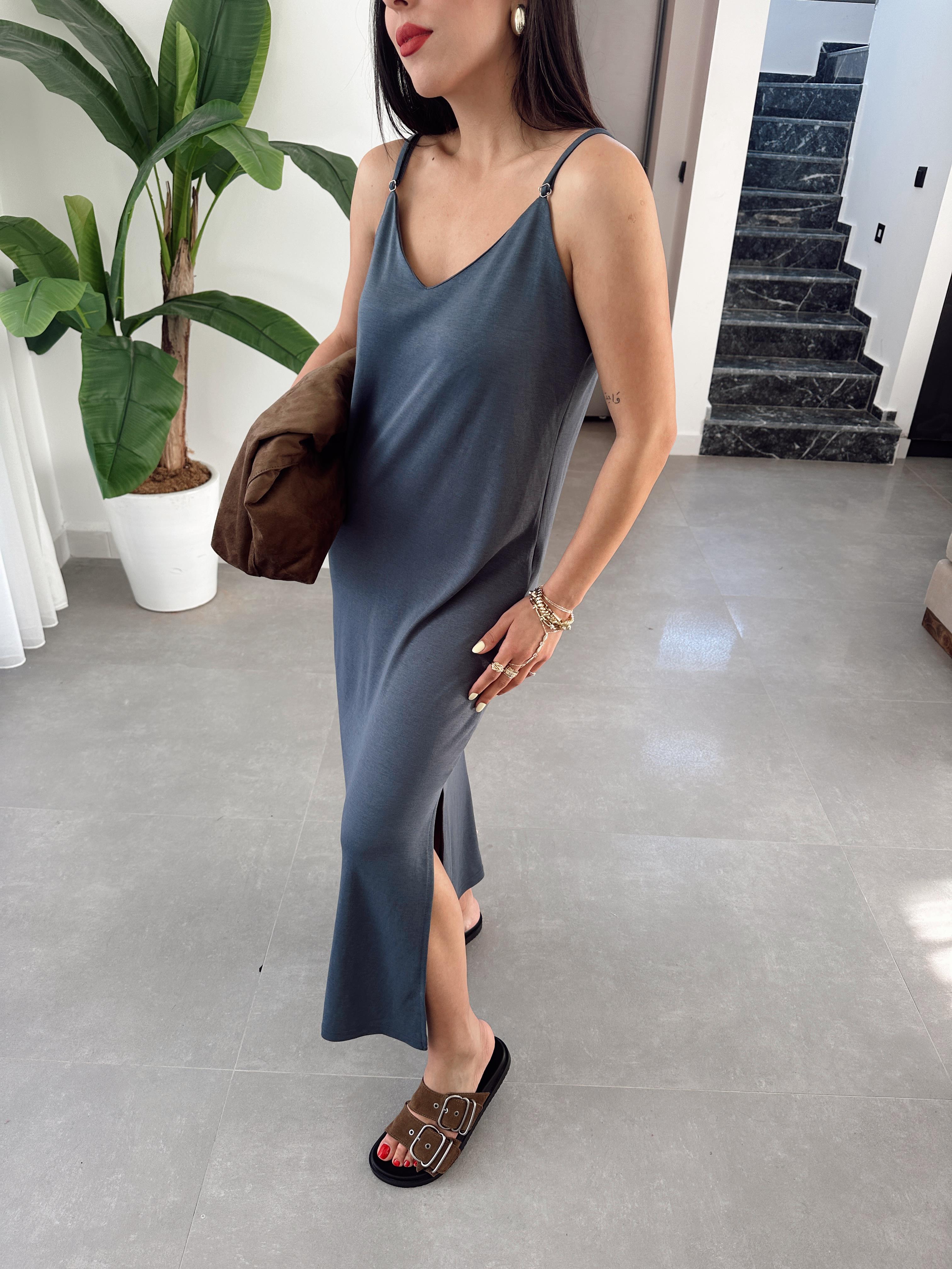 Antrasit Modal Kumaş Lastik Askılı Elbise