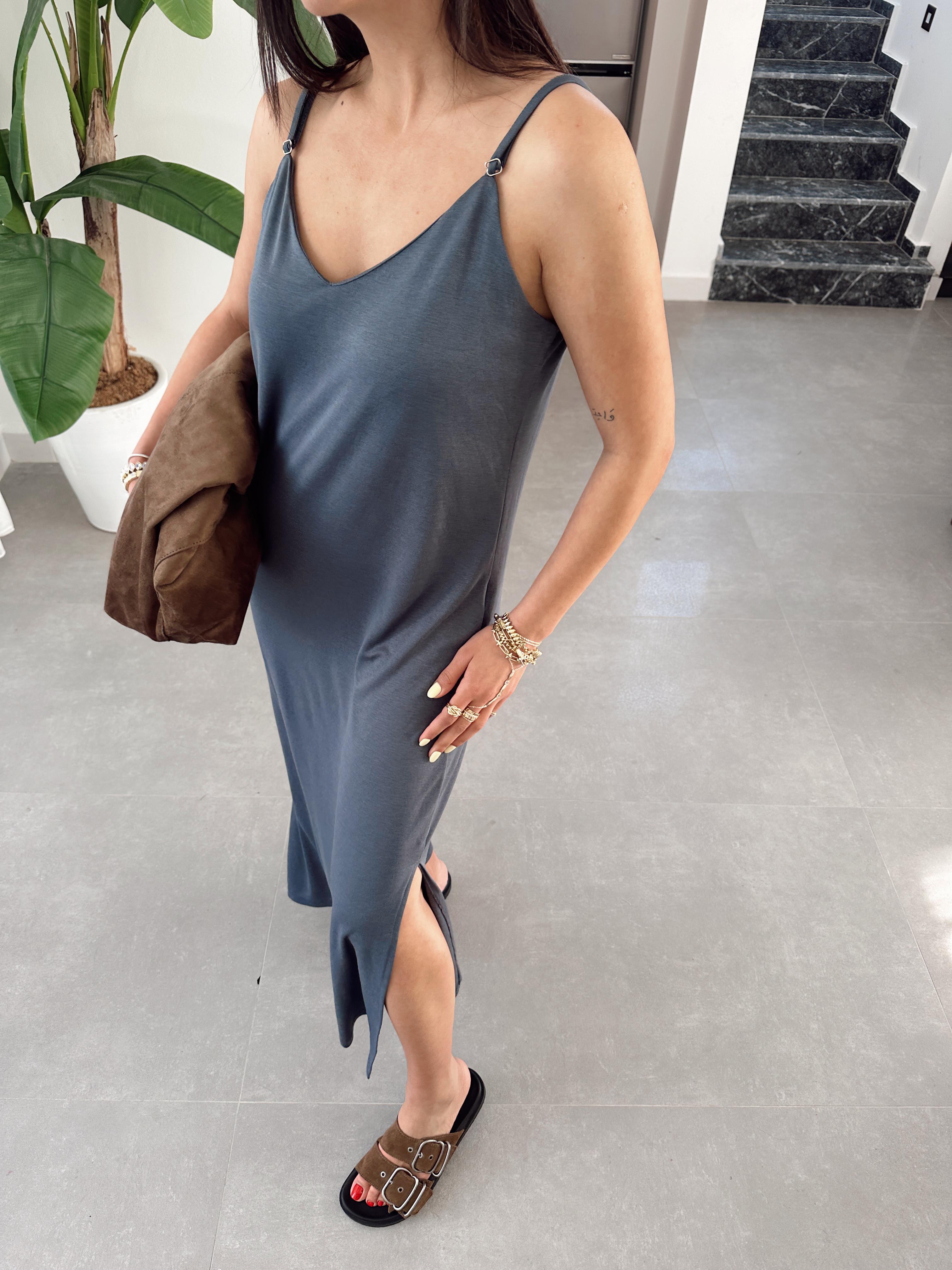 Antrasit Modal Kumaş Lastik Askılı Elbise