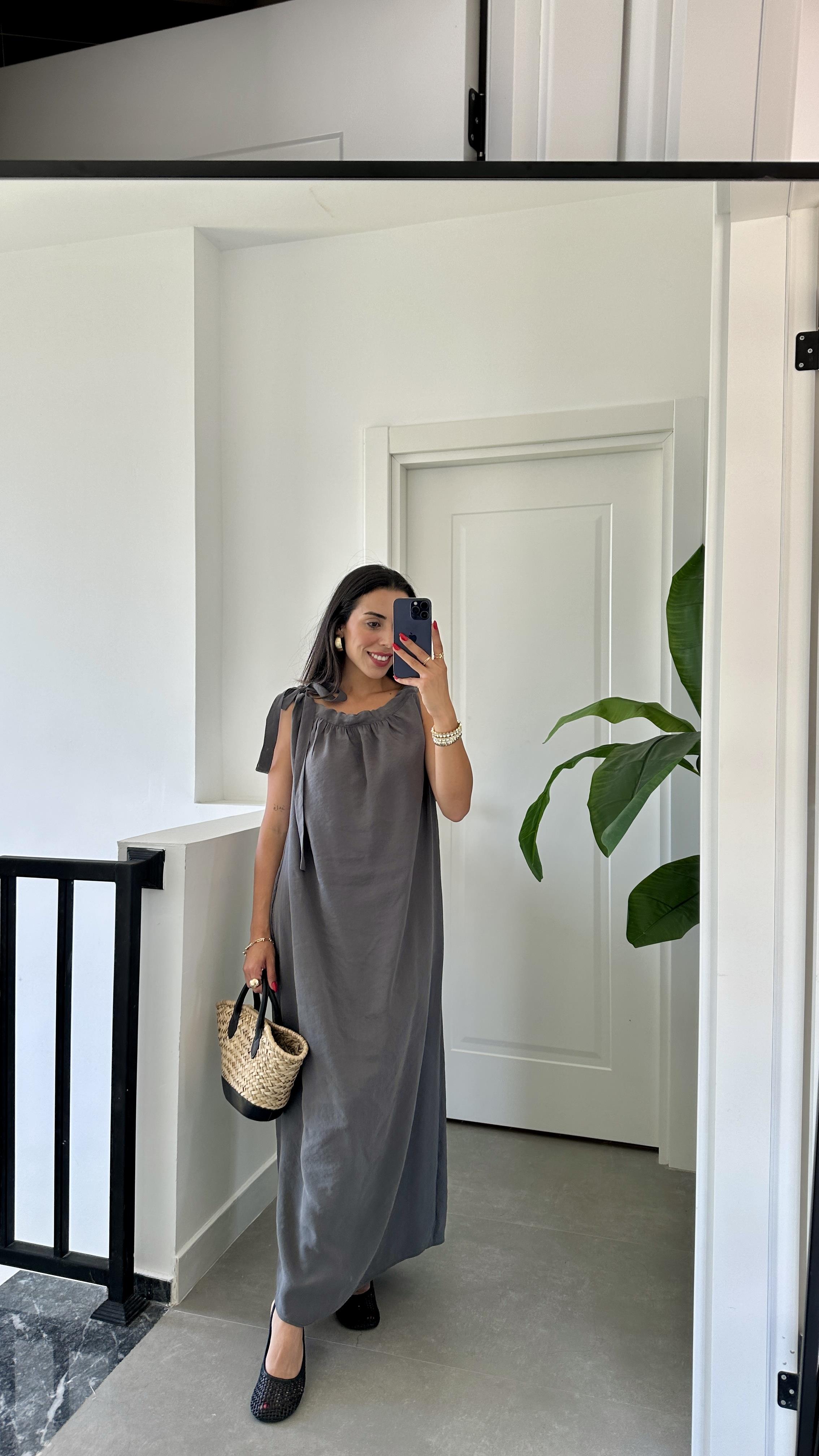Antrasit Omuzdan Bağlamalı Elbise