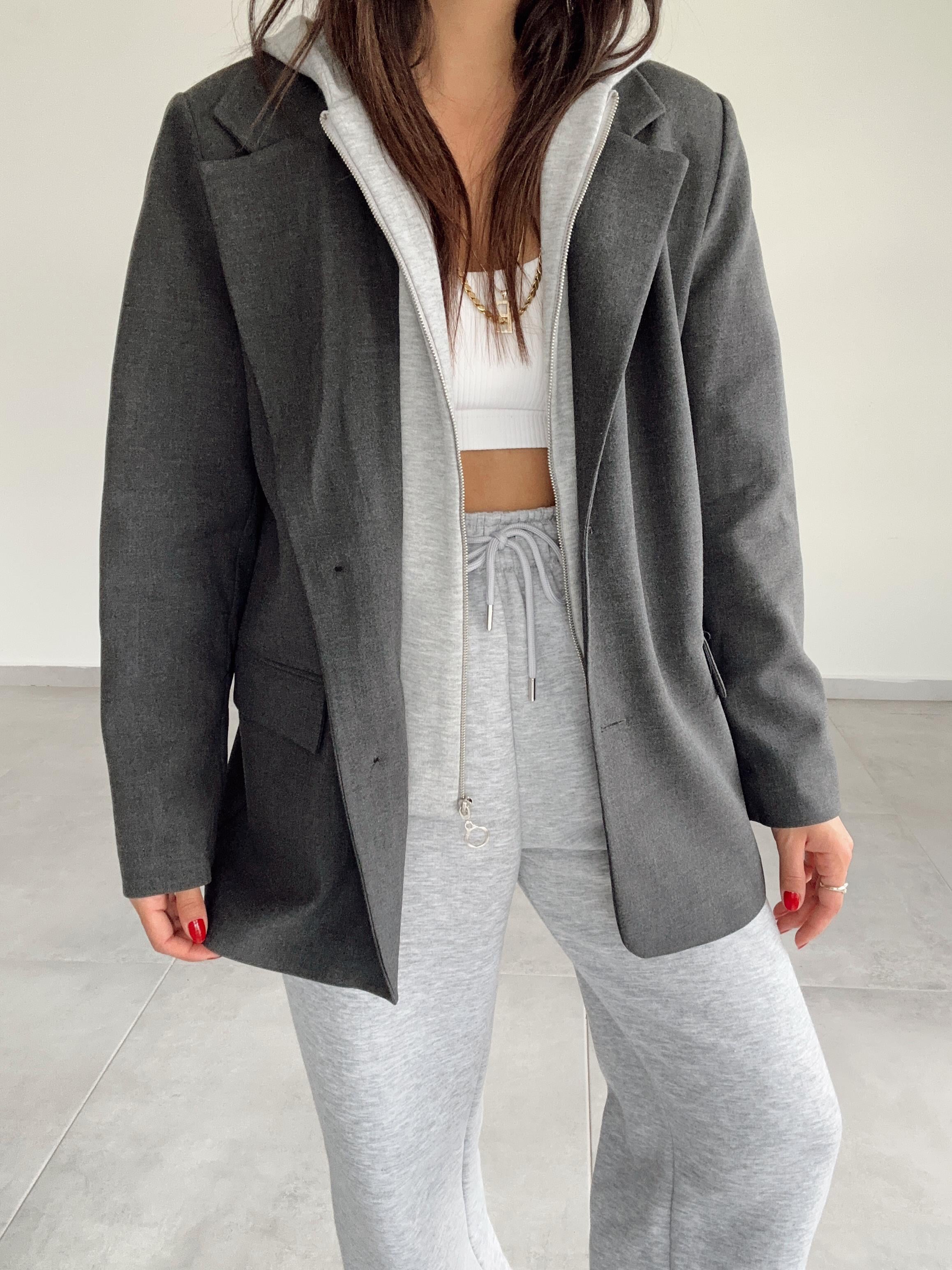 Antrasit Poliviskon Kapşonlu Blazer Ceket