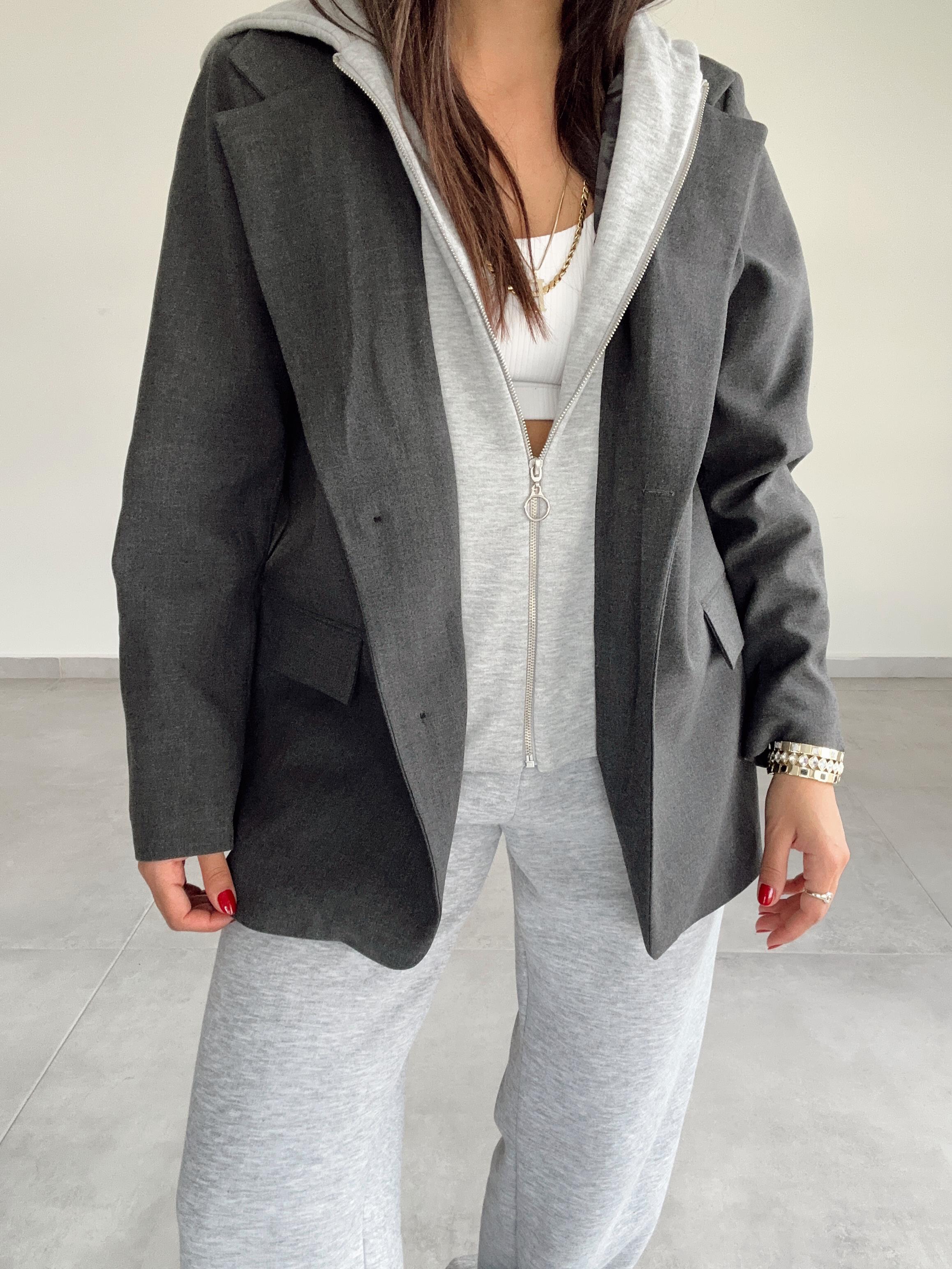 Antrasit Poliviskon Kapşonlu Blazer Ceket