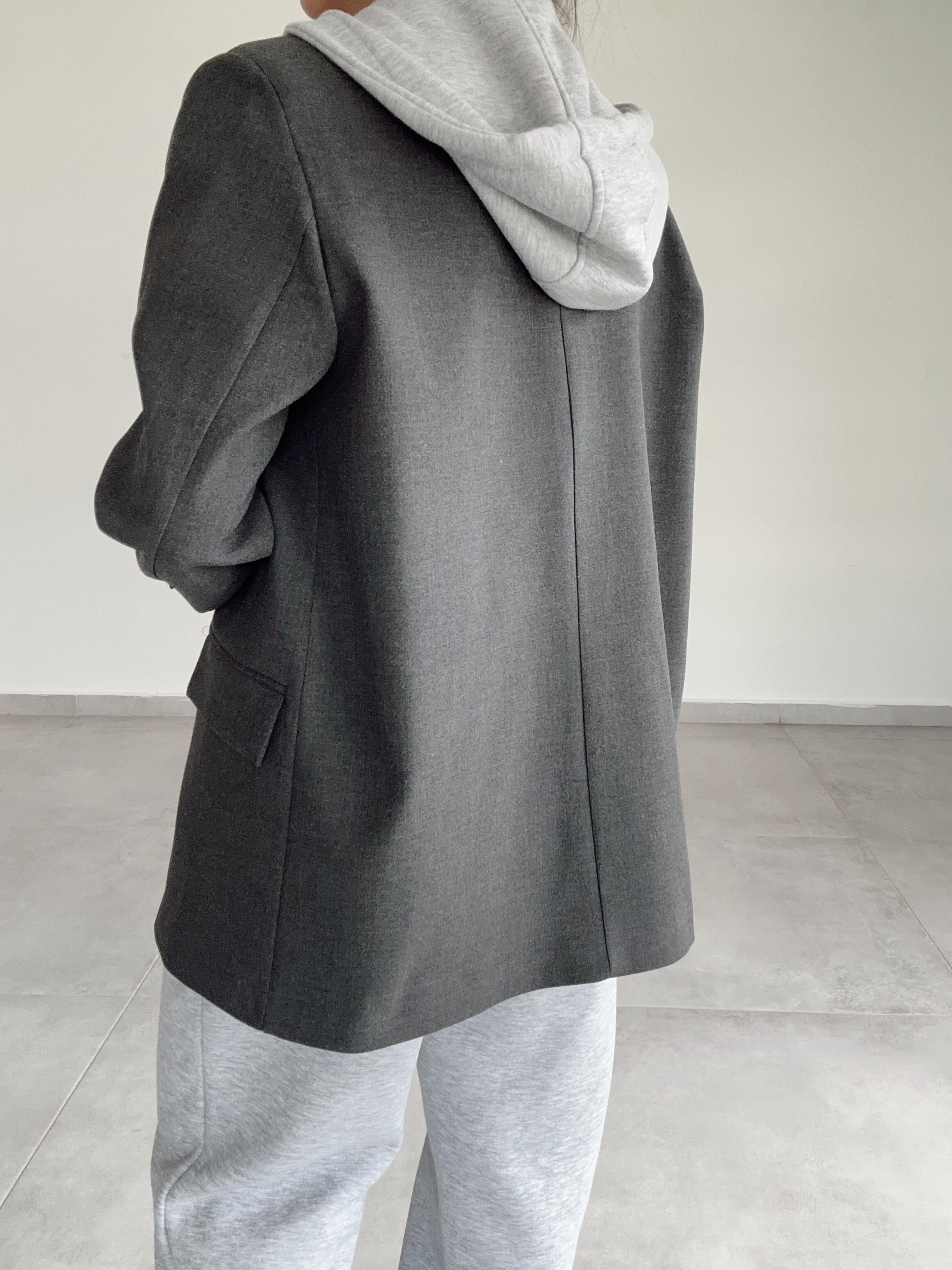 Antrasit Poliviskon Kapşonlu Blazer Ceket