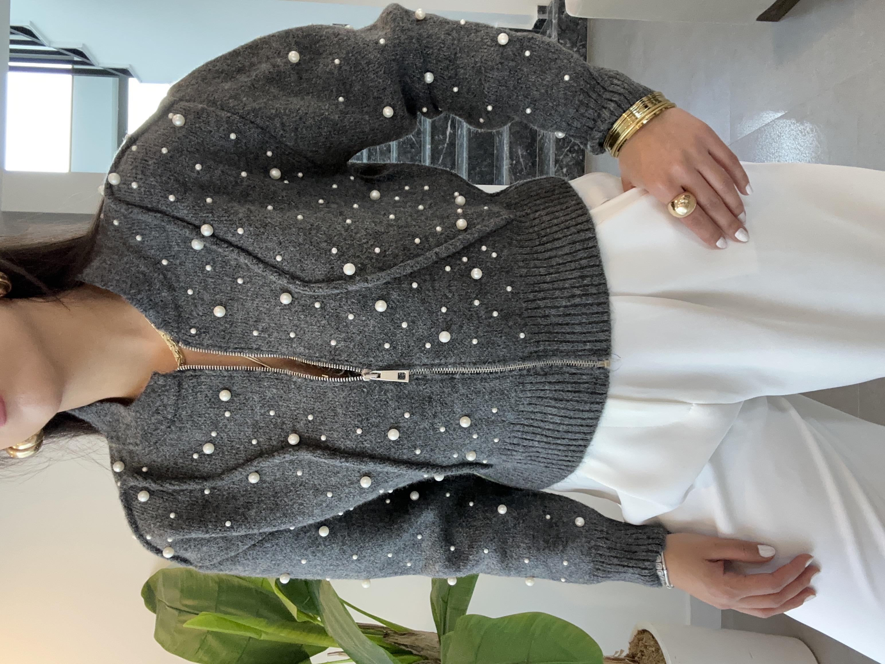 Antrasit Suni İncili Triko Bomber Ceket