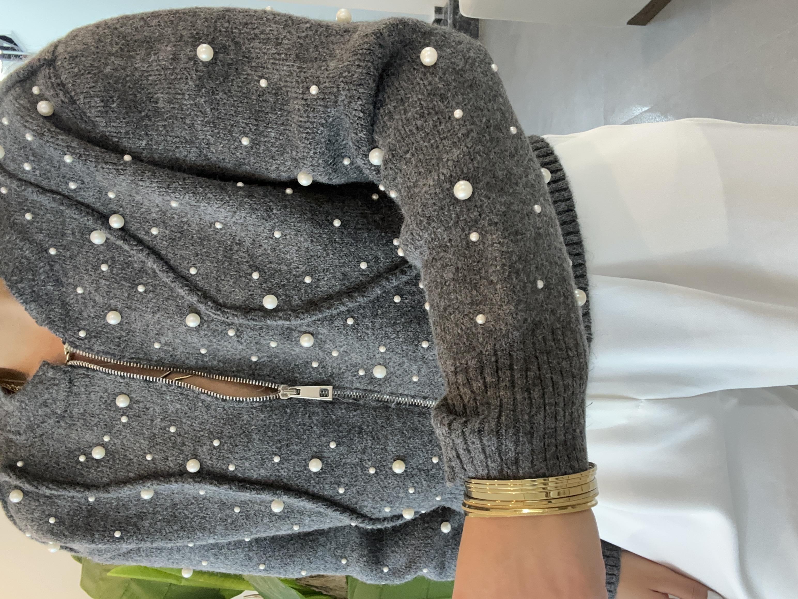 Antrasit Suni İncili Triko Bomber Ceket