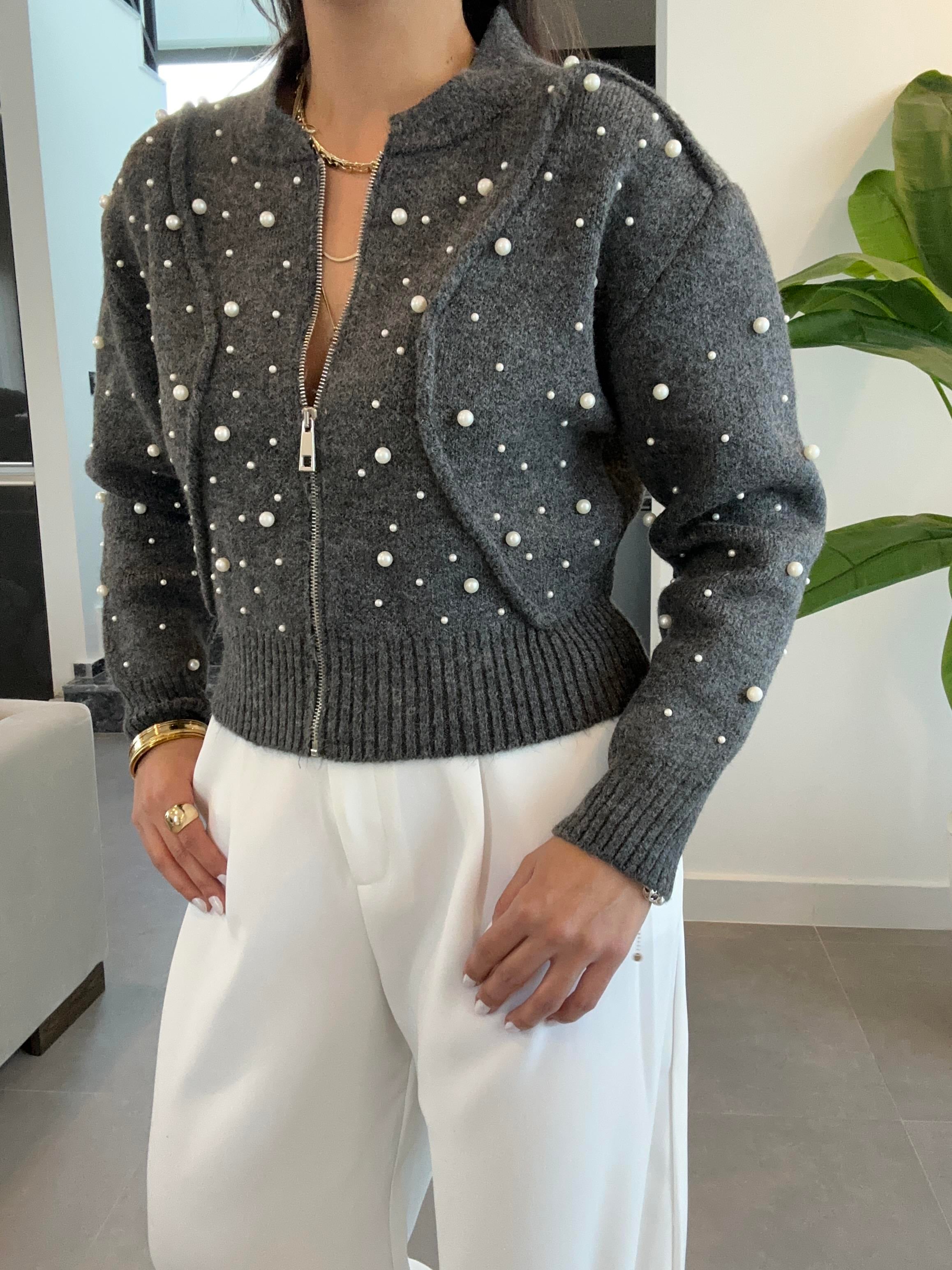 Antrasit Suni İncili Triko Bomber Ceket