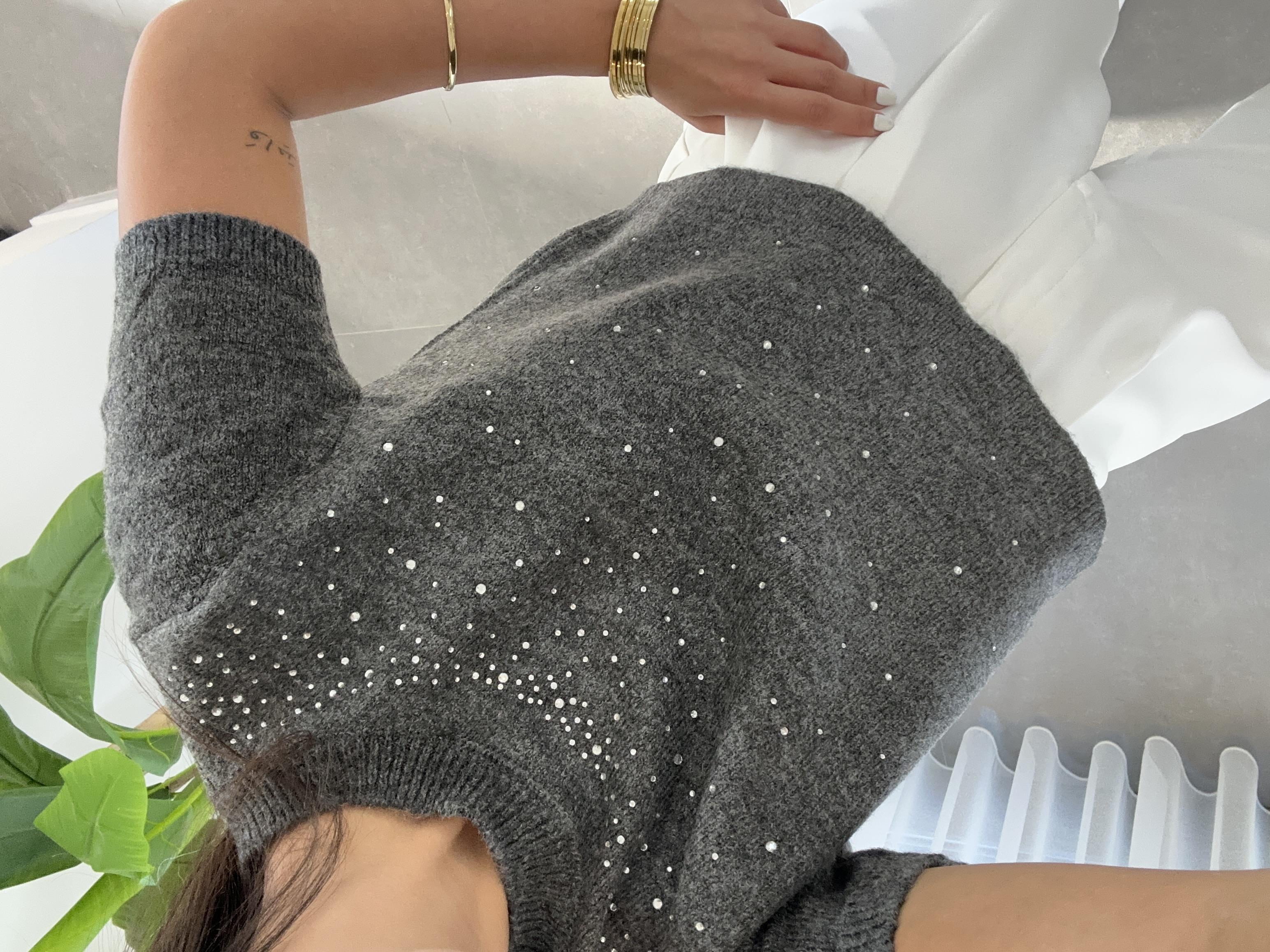 Antrasit Taş Detaylı Triko Kazak