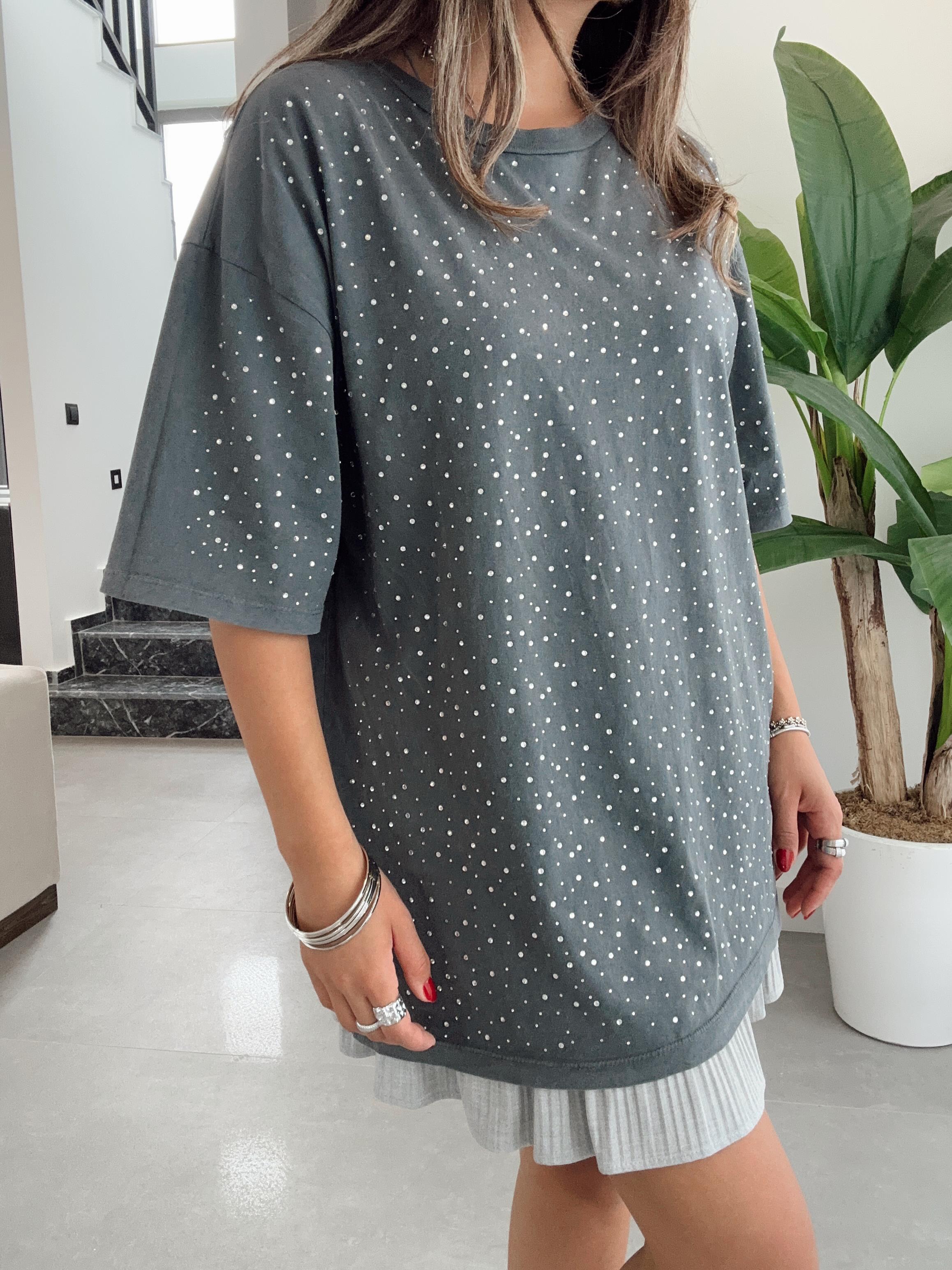 Antrasit Yıkamalı Taşlı T-Shirt