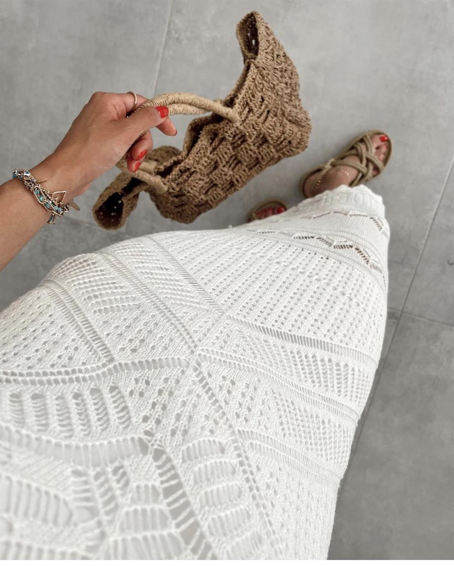 Askılı Ajur Desenli Ham Ekru Elbise