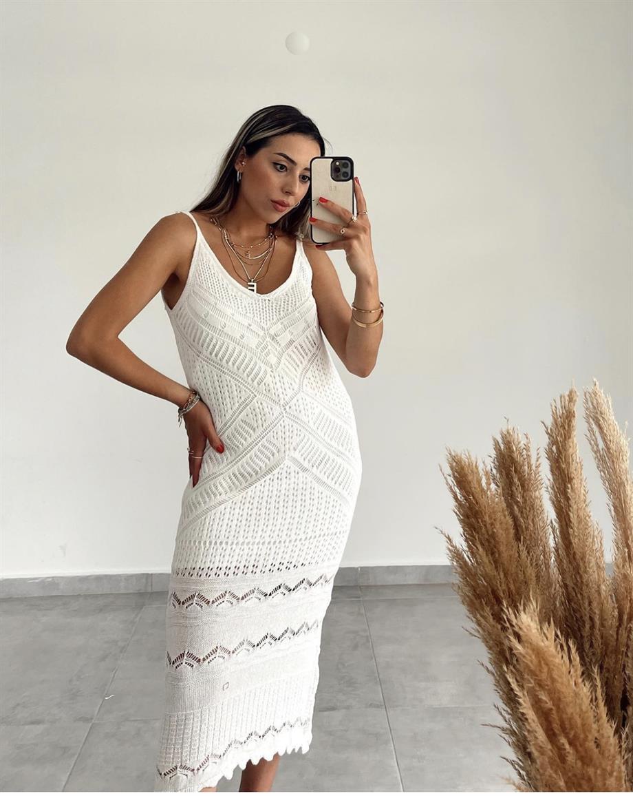 Askılı Ajur Desenli Ham Ekru Elbise