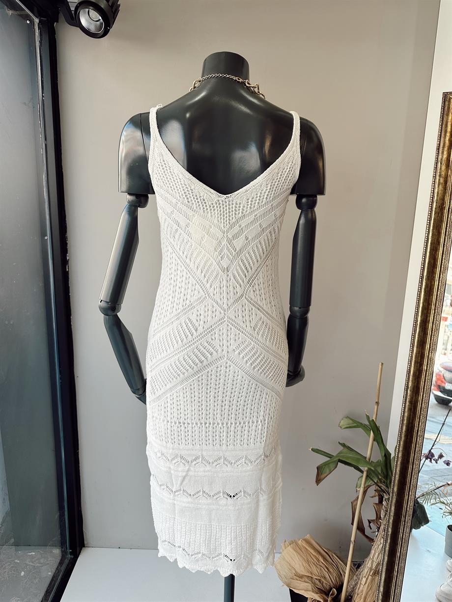 Askılı Ajur Desenli Ham Ekru Elbise