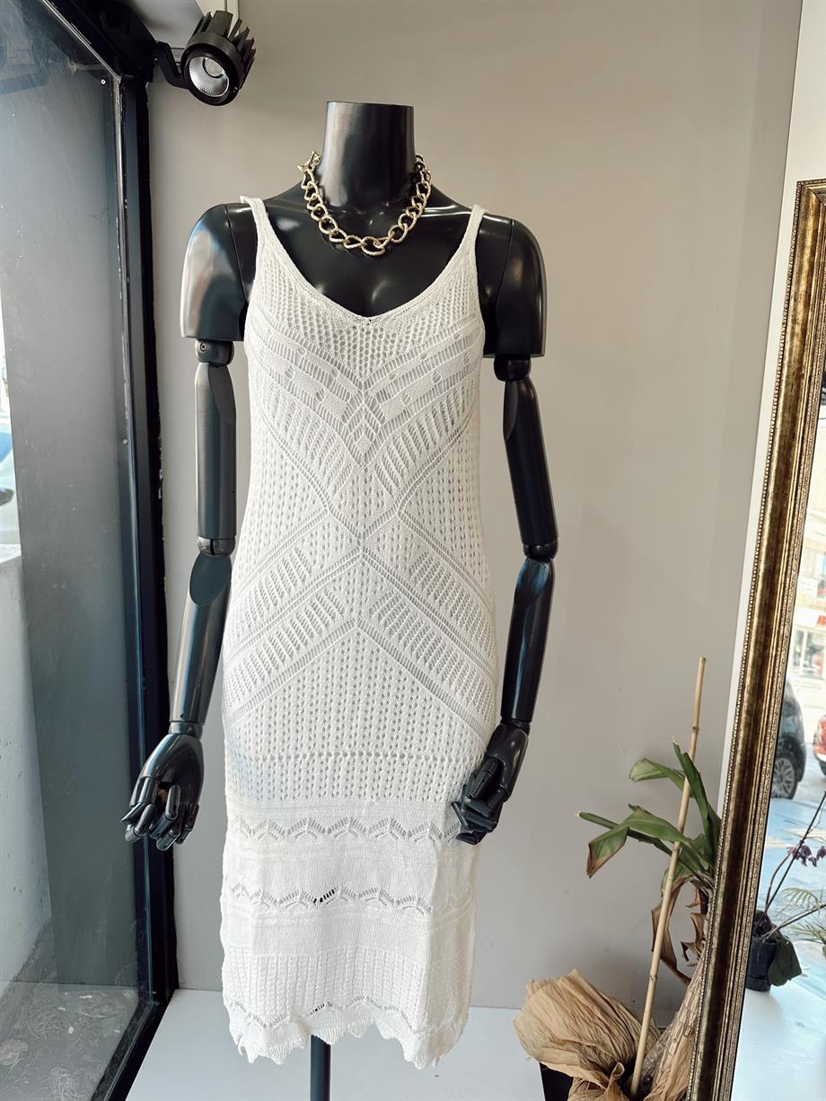 Askılı Ajur Desenli Ham Ekru Elbise