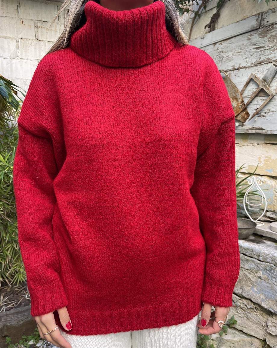 Balıkçı Yaka Kırmızı Kazak