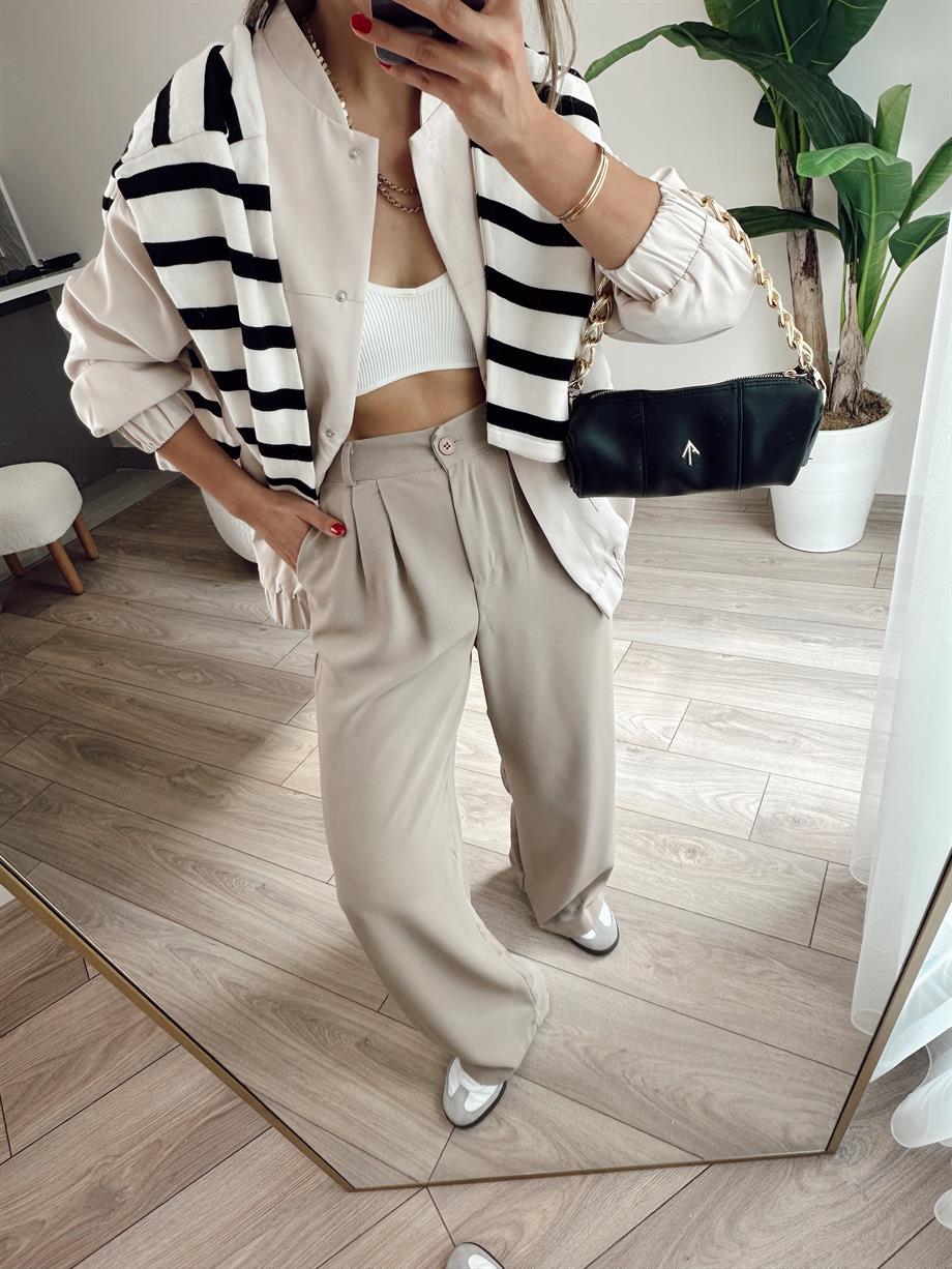 Bej Arka Bel Kısmı Lastikli Pantolon