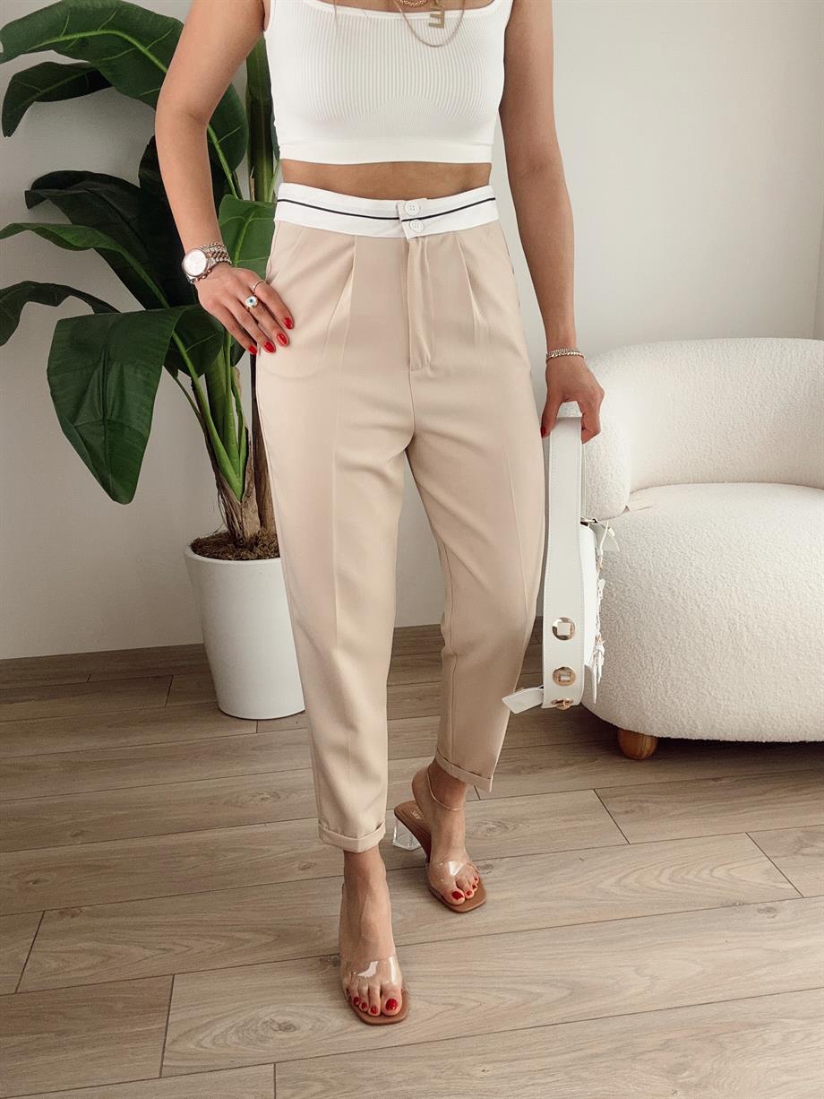 Bej Beli Kemer Detaylı Pantolon