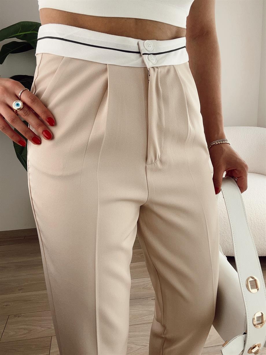 Bej Beli Kemer Detaylı Pantolon