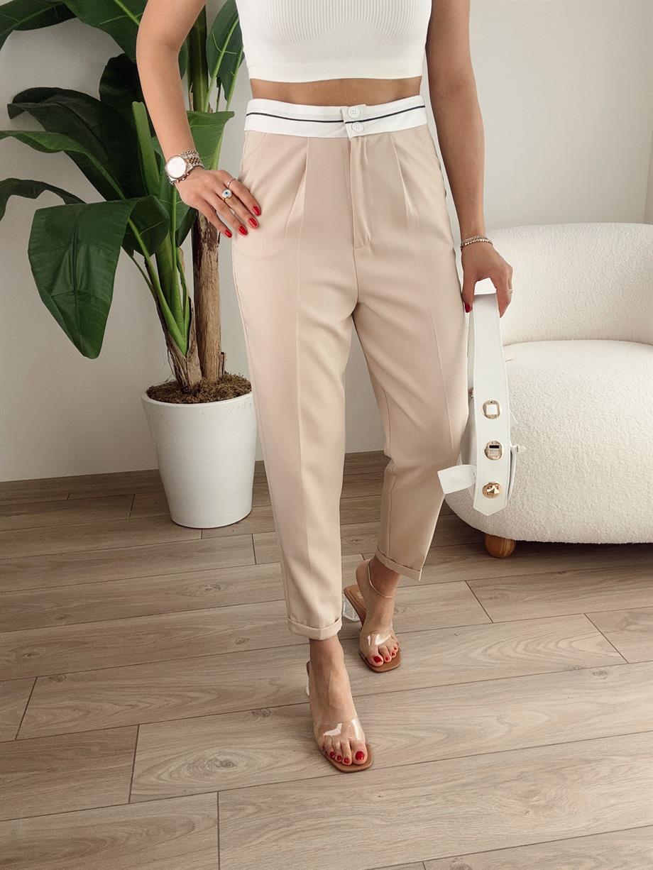 Bej Beli Kemer Detaylı Pantolon
