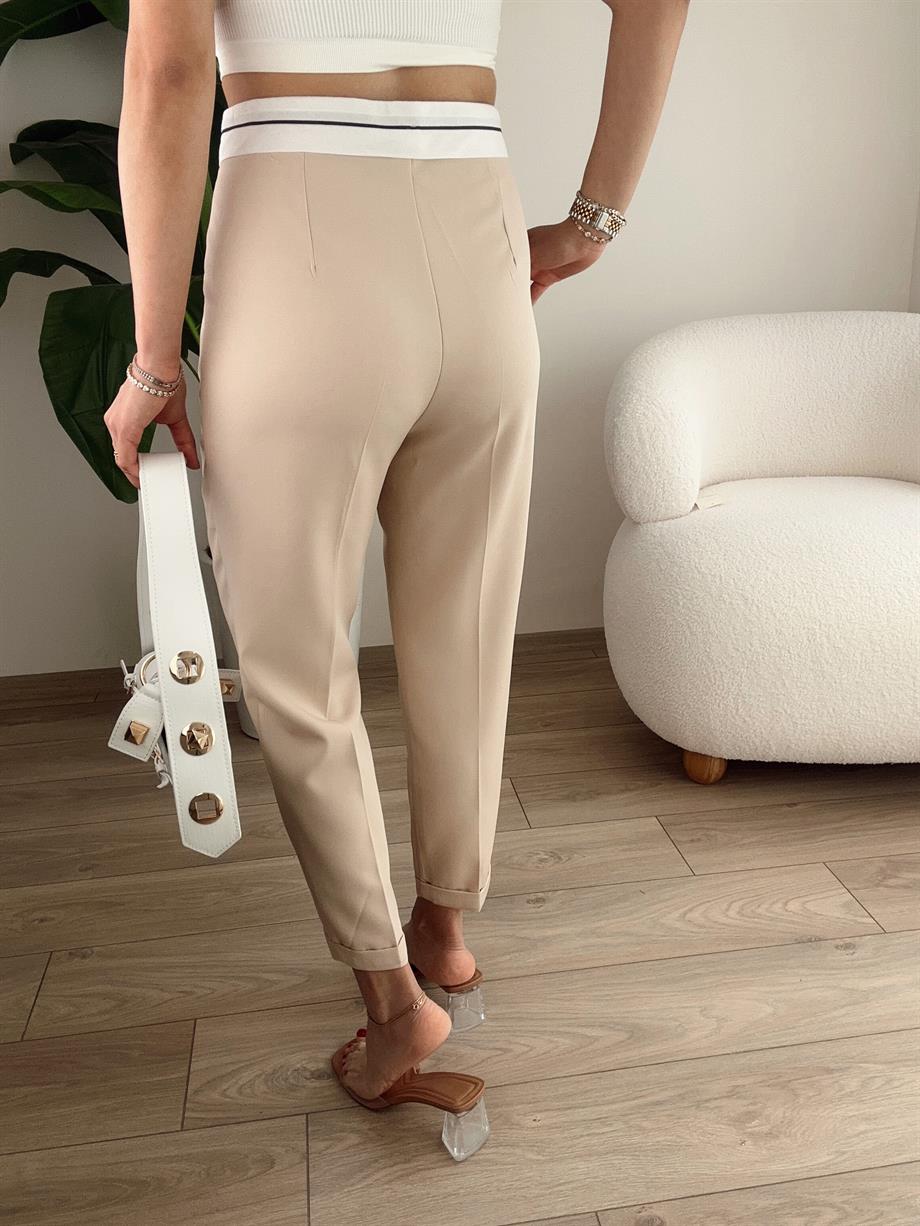 Bej Beli Kemer Detaylı Pantolon