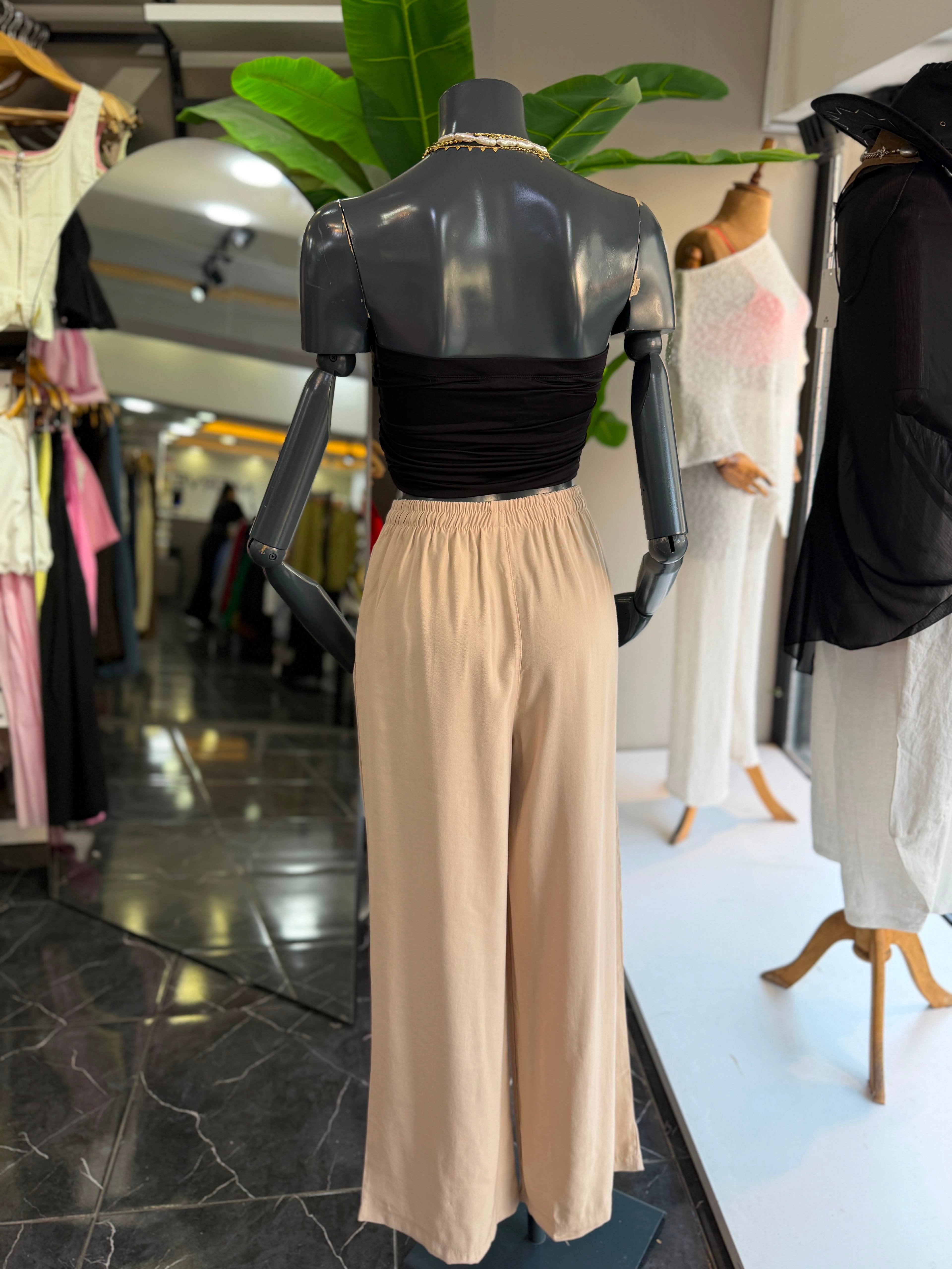 Bej Beli Lastikli Tencel Pantolon