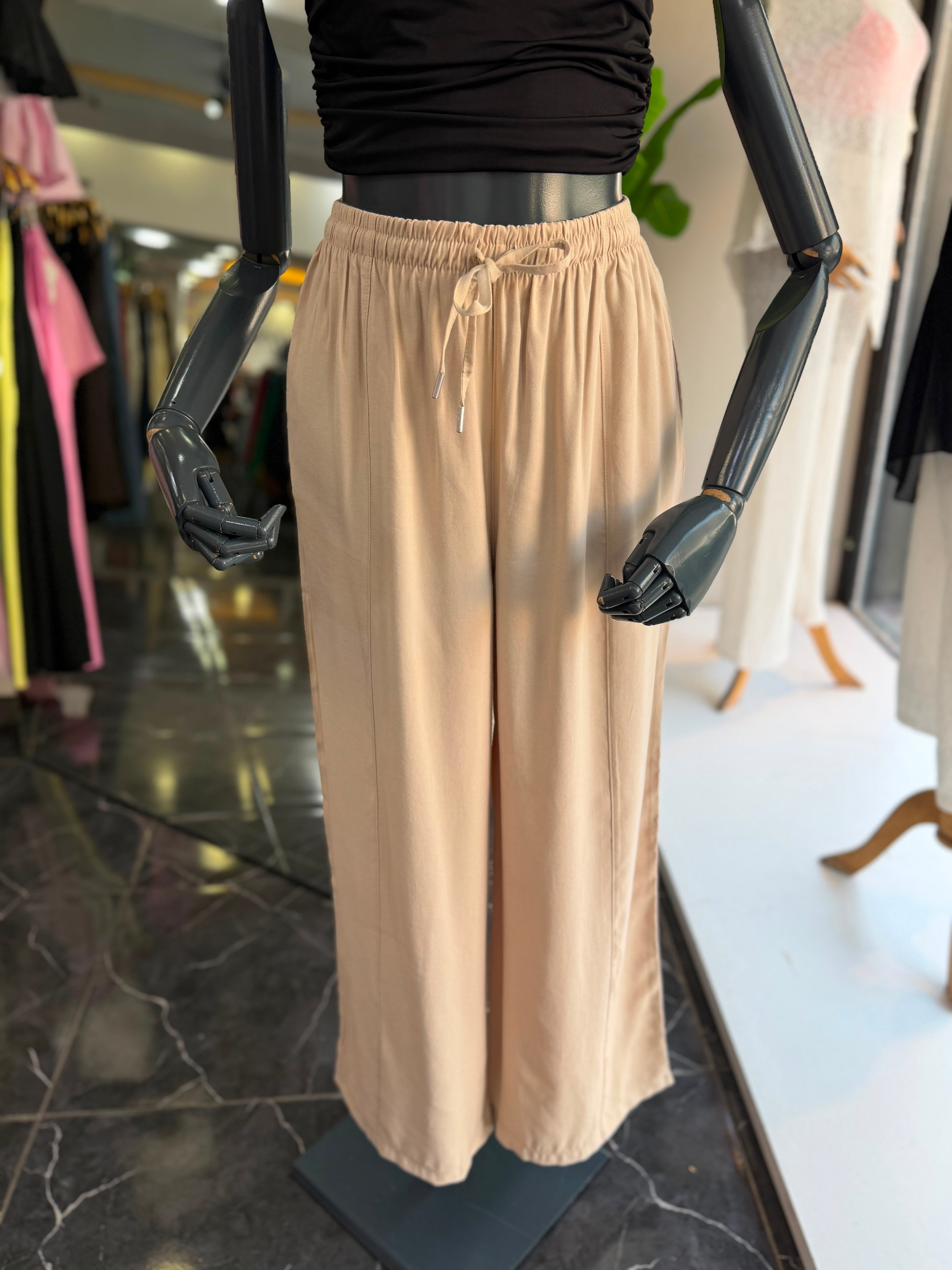 Bej Beli Lastikli Tencel Pantolon