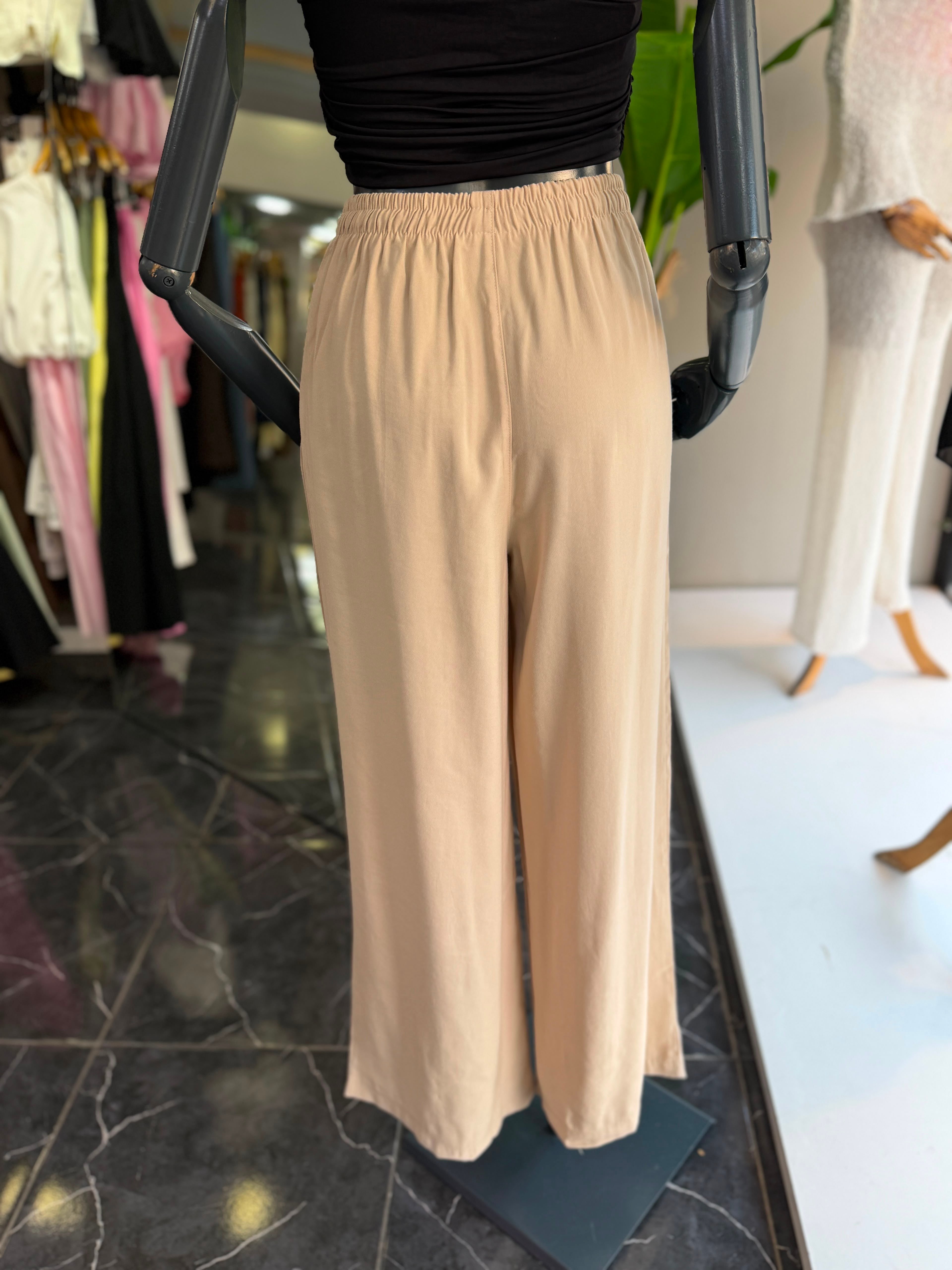 Bej Beli Lastikli Tencel Pantolon