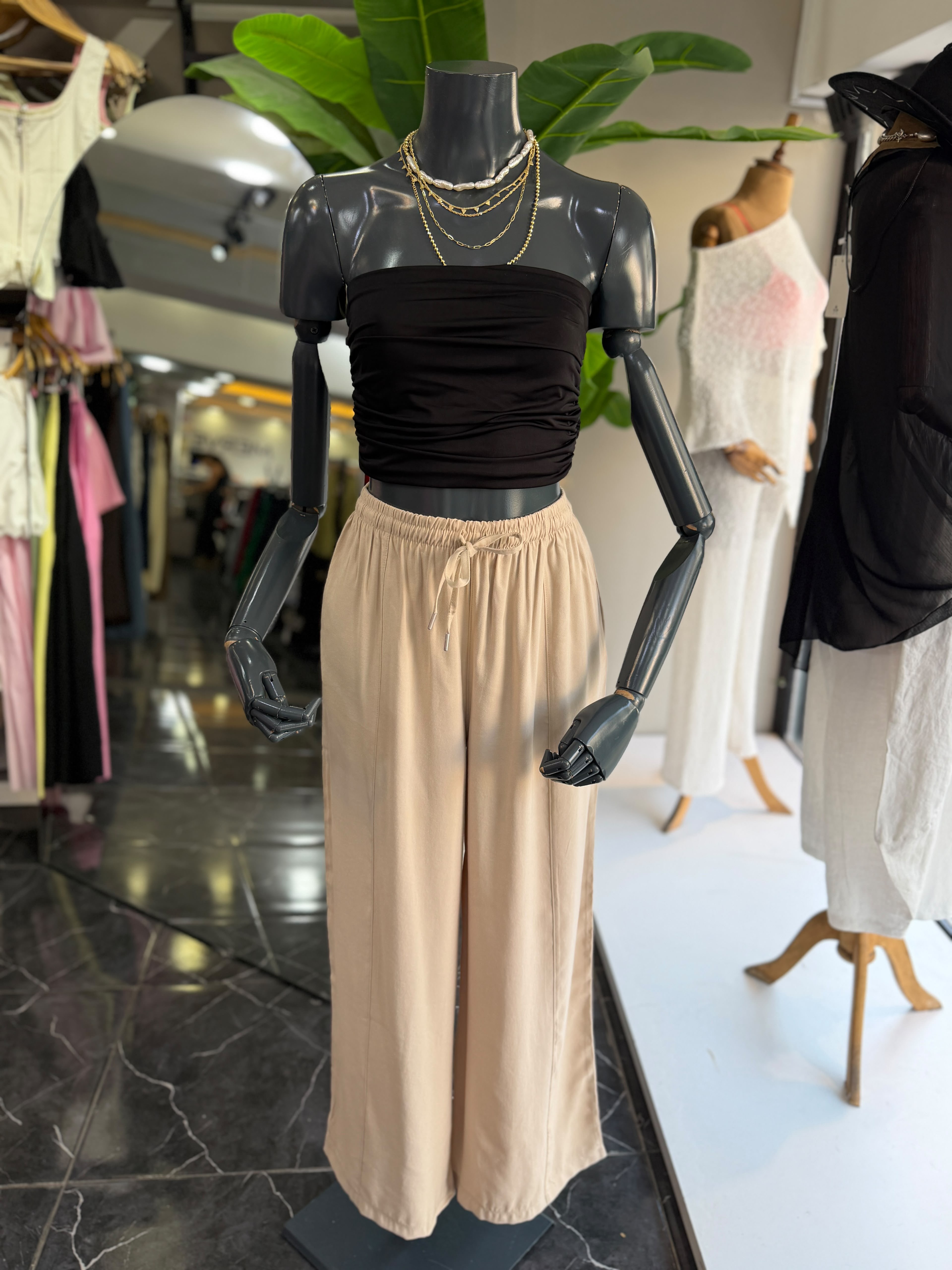 Bej Beli Lastikli Tencel Pantolon