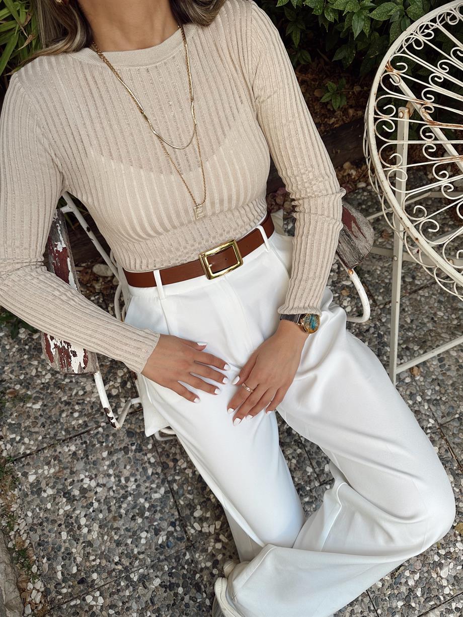 Bej Fitilli Ajurlu Triko Kazak