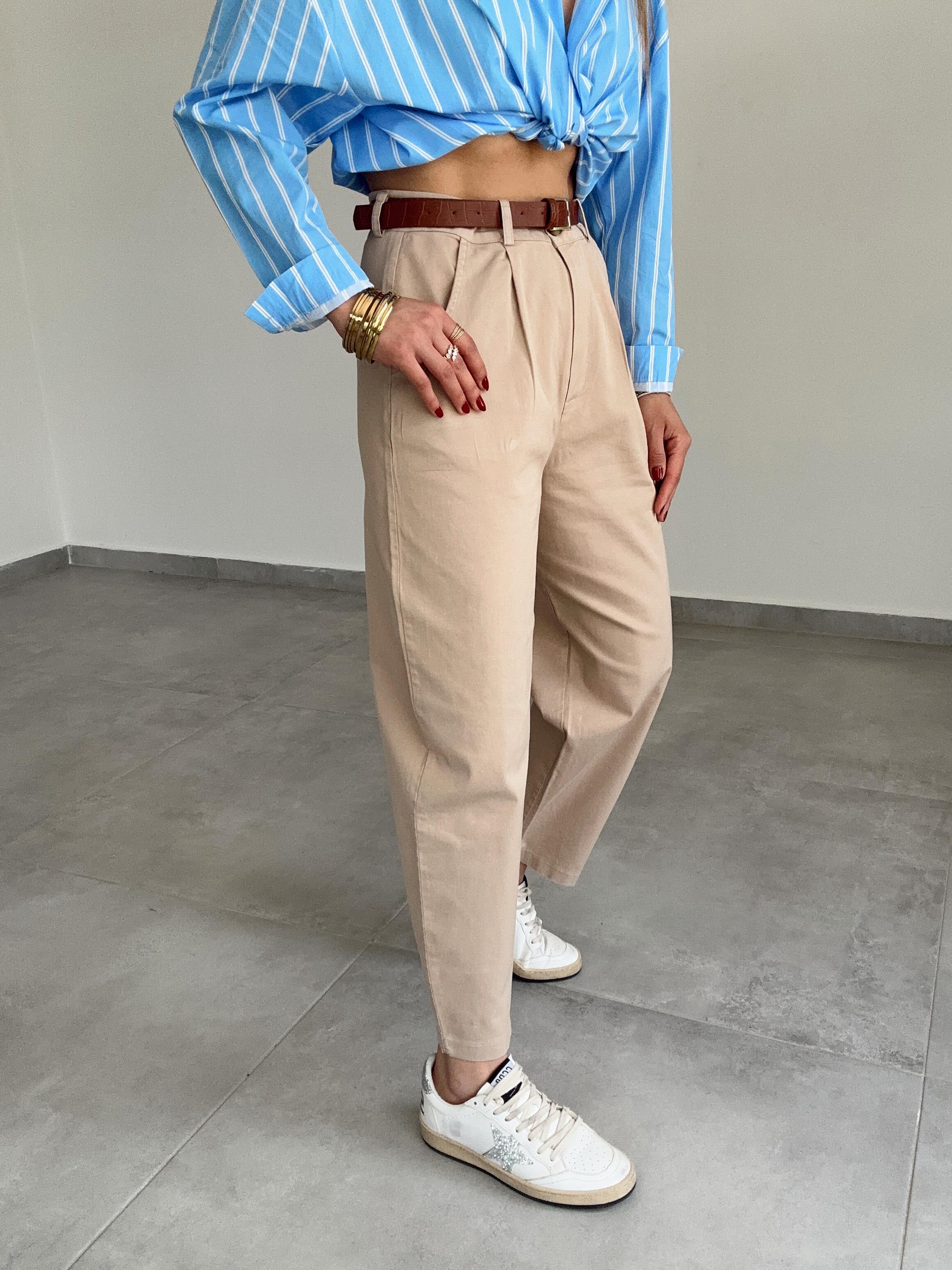 Bej Gabardin Kendinden Kemerli Pantolon