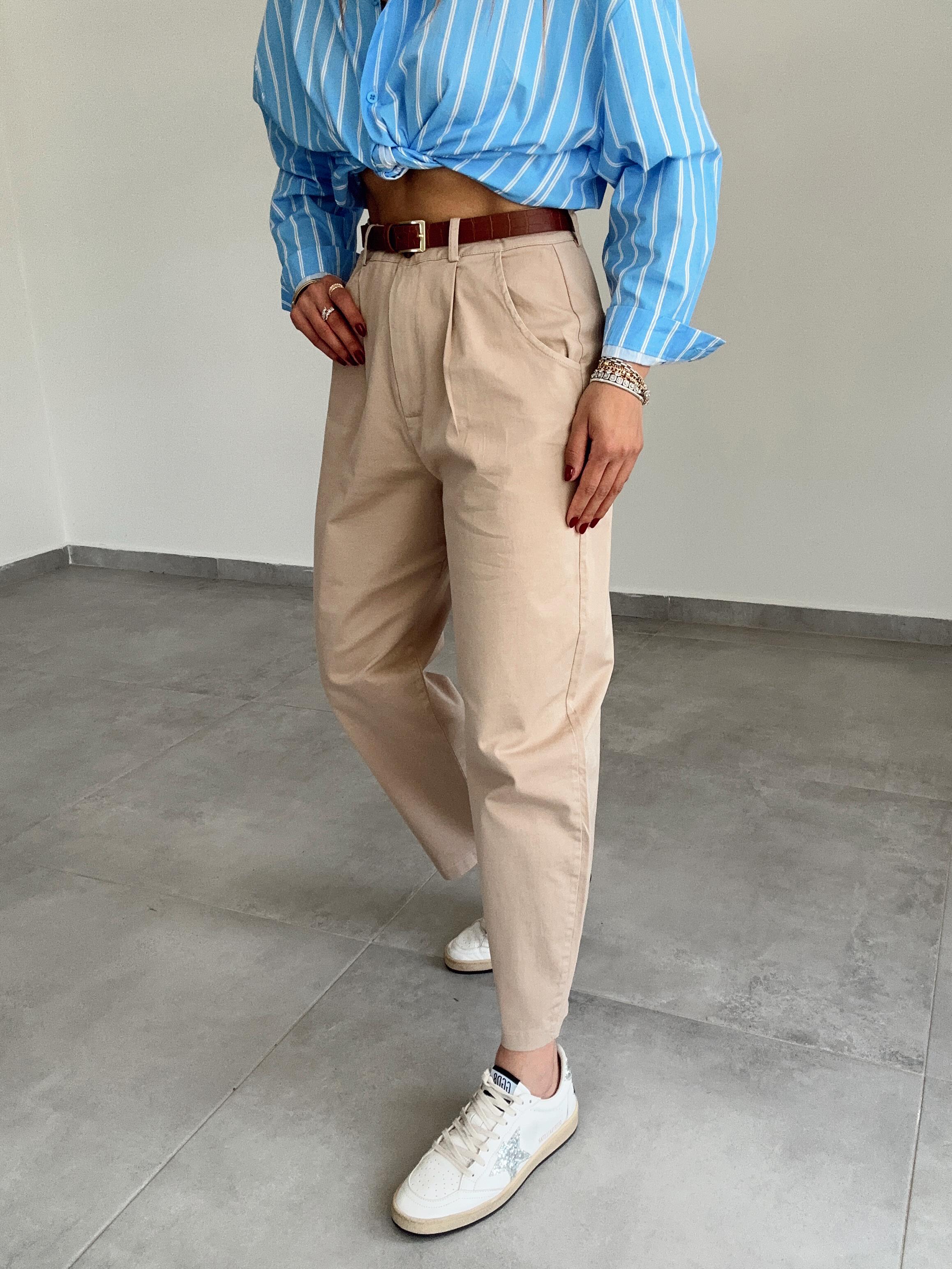 Bej Gabardin Kendinden Kemerli Pantolon